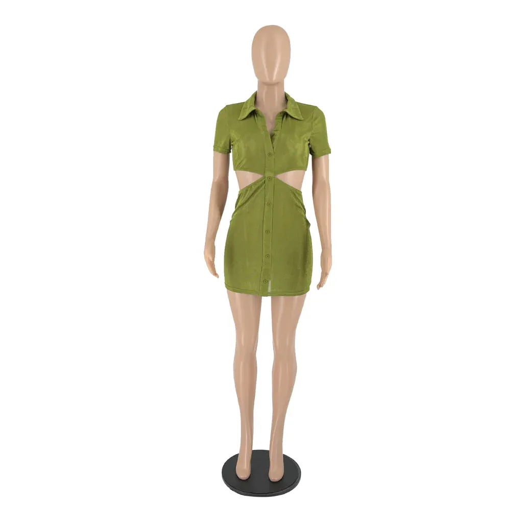 MB FASHION Cut-Out Collared Button-Up Mini Dress with Short Sleeves 5243T