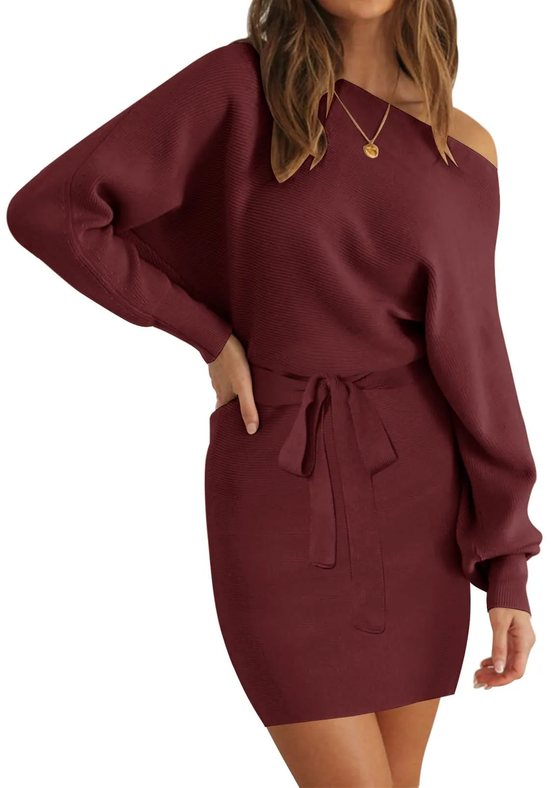 MEROKEETY Off Shoulder Ribbed Knit Belted Sweater Dress