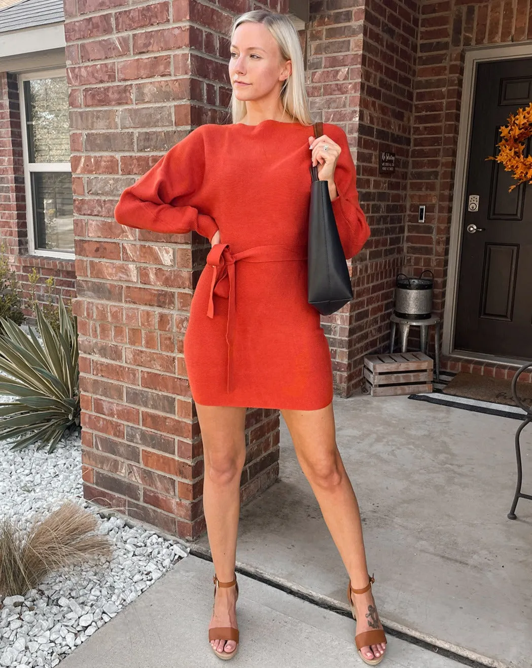 MEROKEETY Off Shoulder Ribbed Knit Belted Sweater Dress