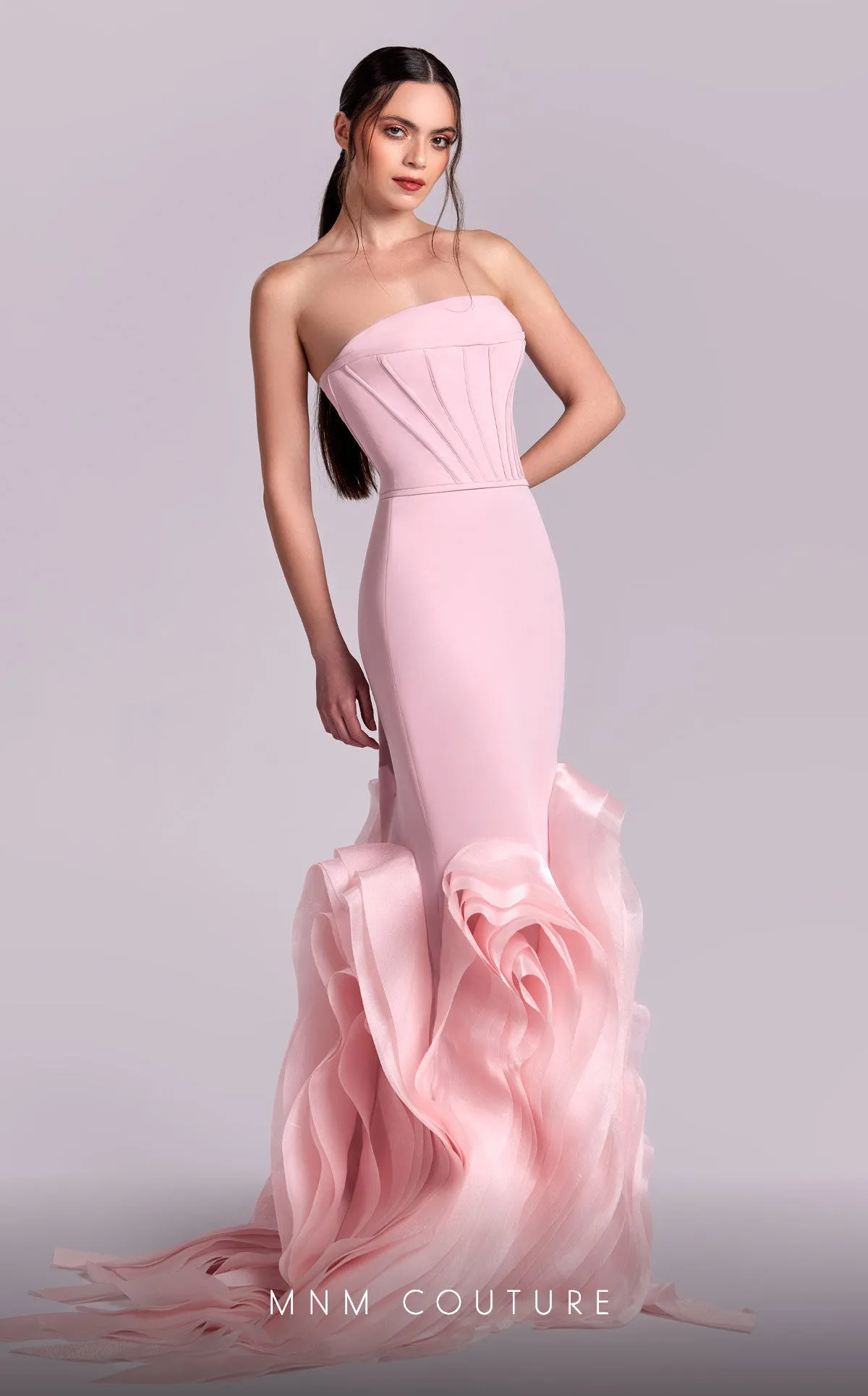MNM Couture G1825 : Chic Pink Crepe Gown with Mermaid Effect