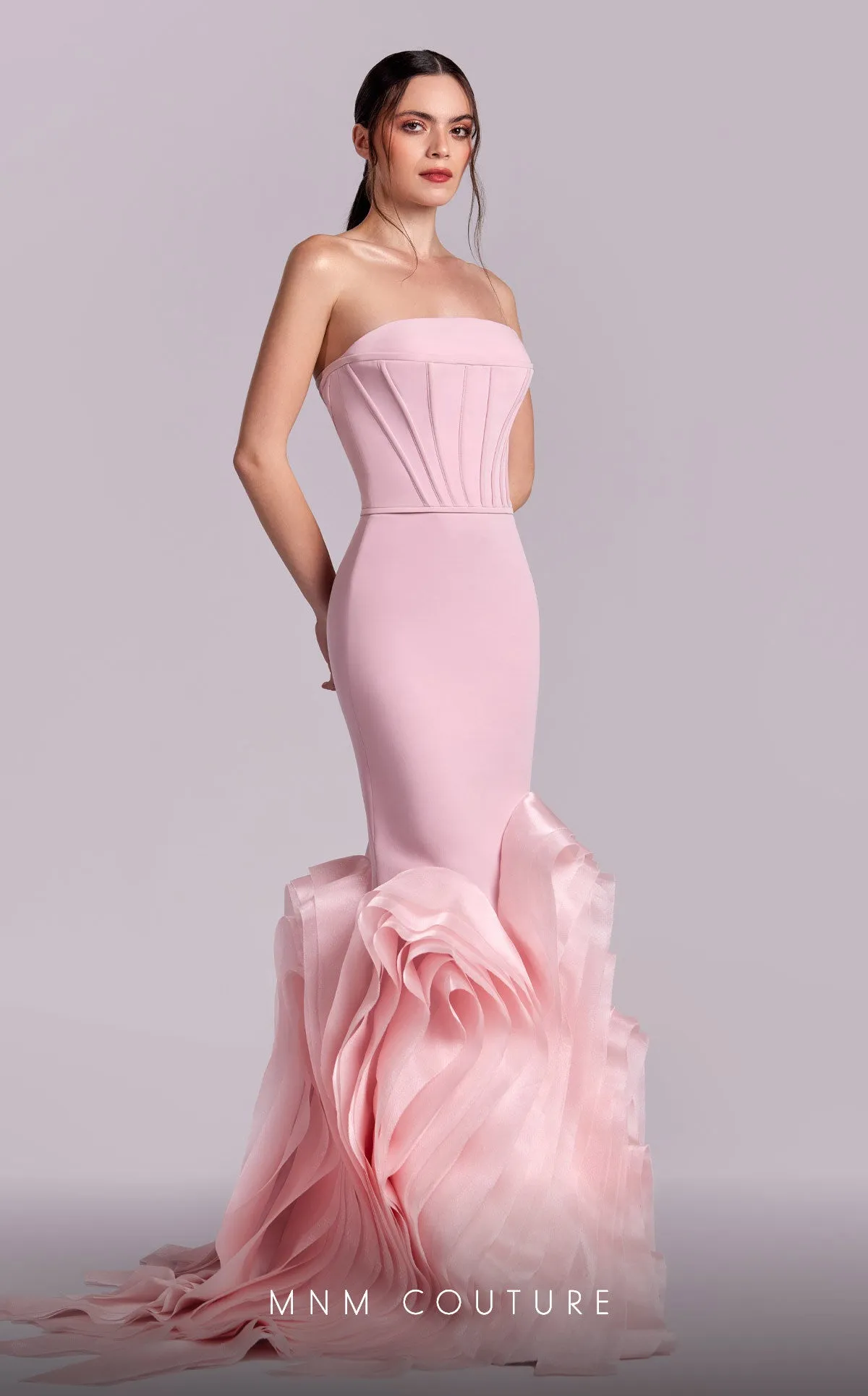 MNM Couture G1825 : Chic Pink Crepe Gown with Mermaid Effect
