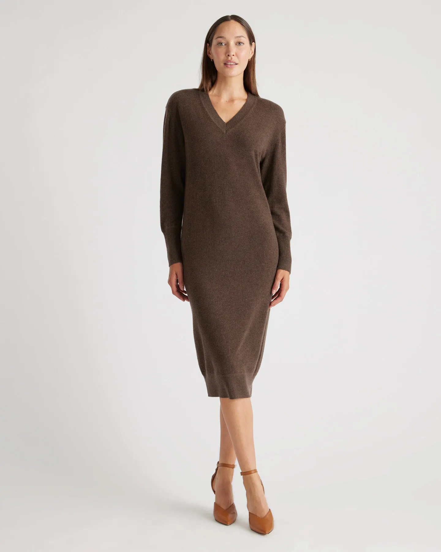 Mongolian Cashmere V-Neck Midi Sweater Dress