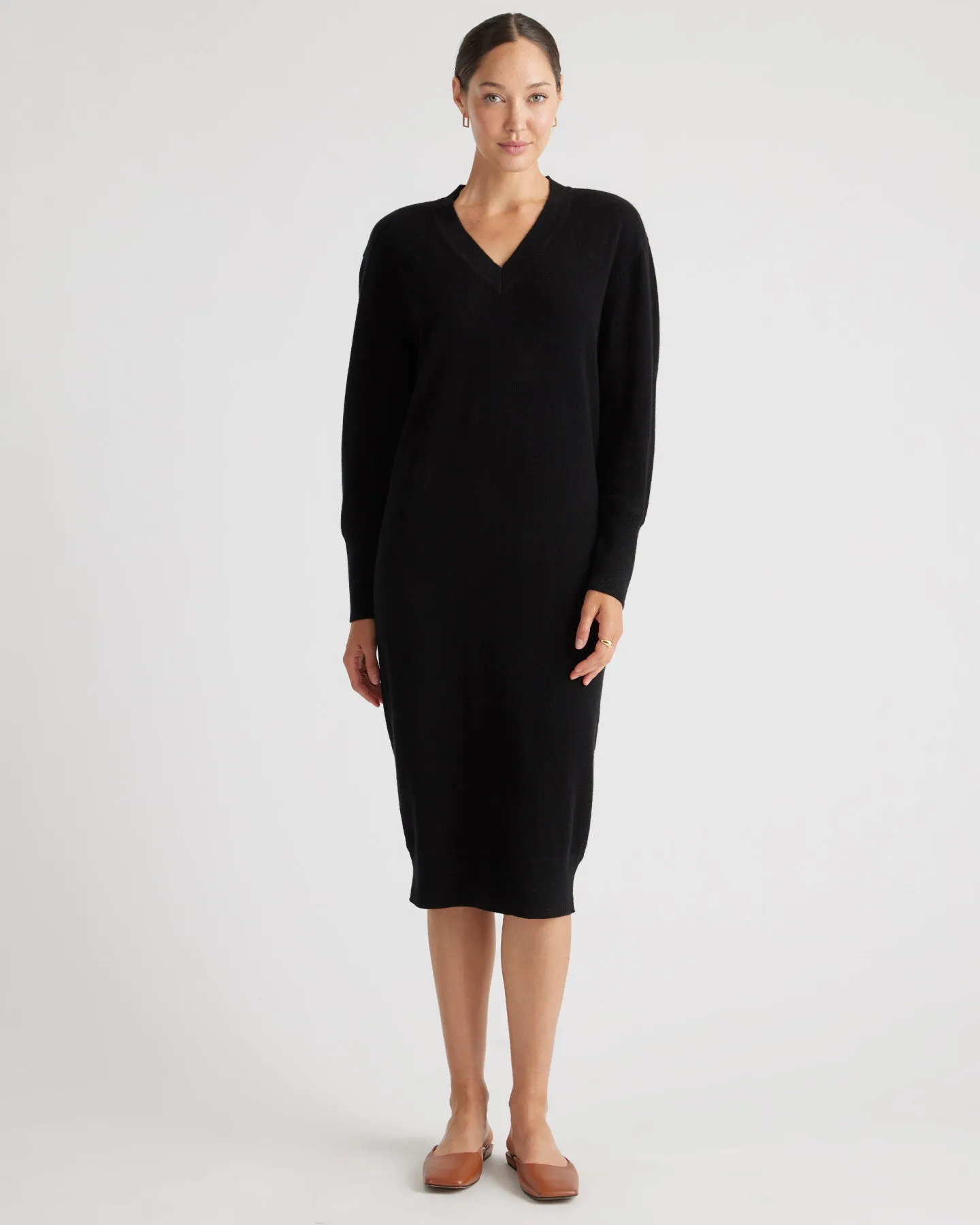 Mongolian Cashmere V-Neck Midi Sweater Dress