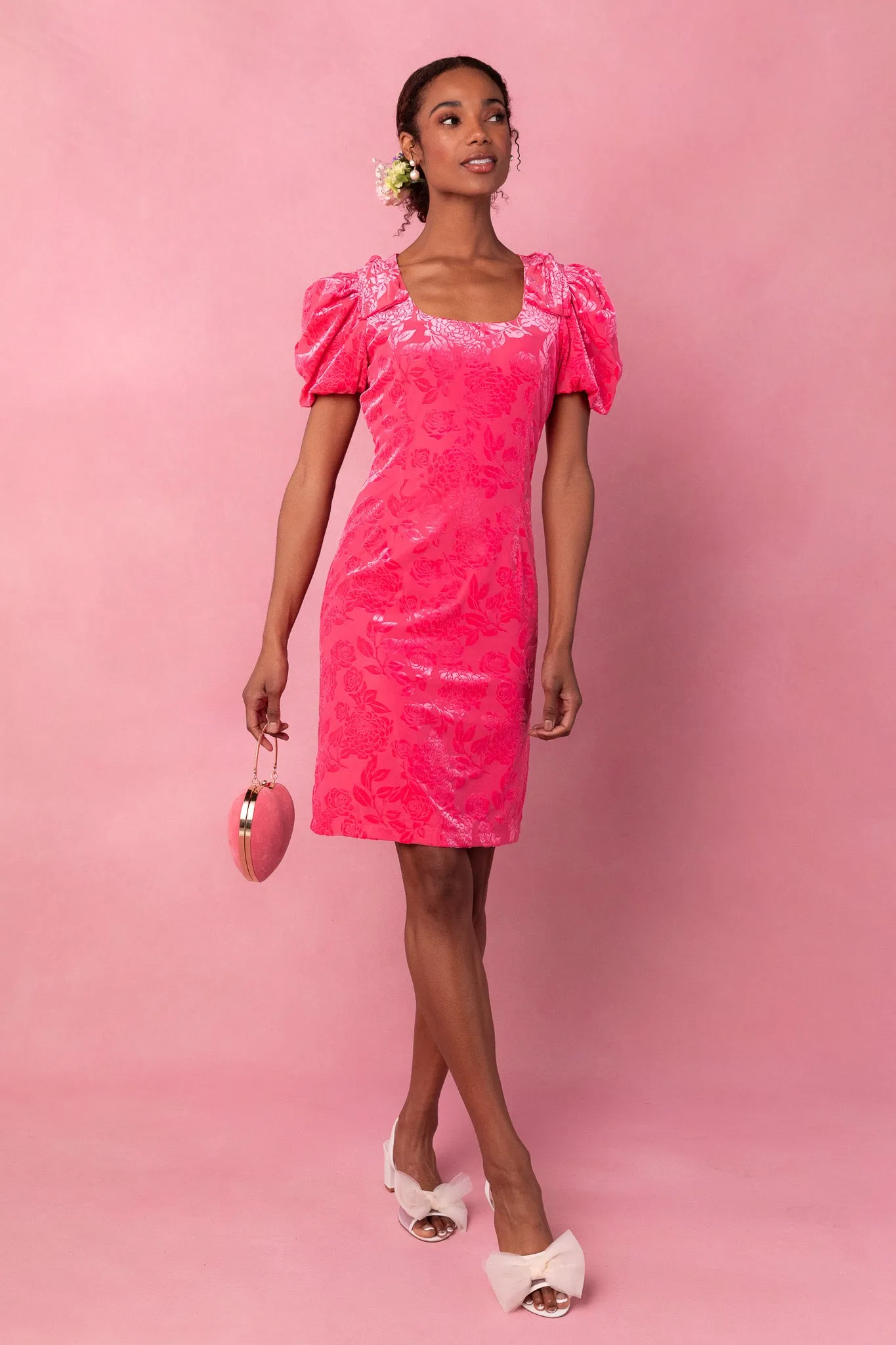 Nina Bow Dress in Pink Velvet - FINAL SALE