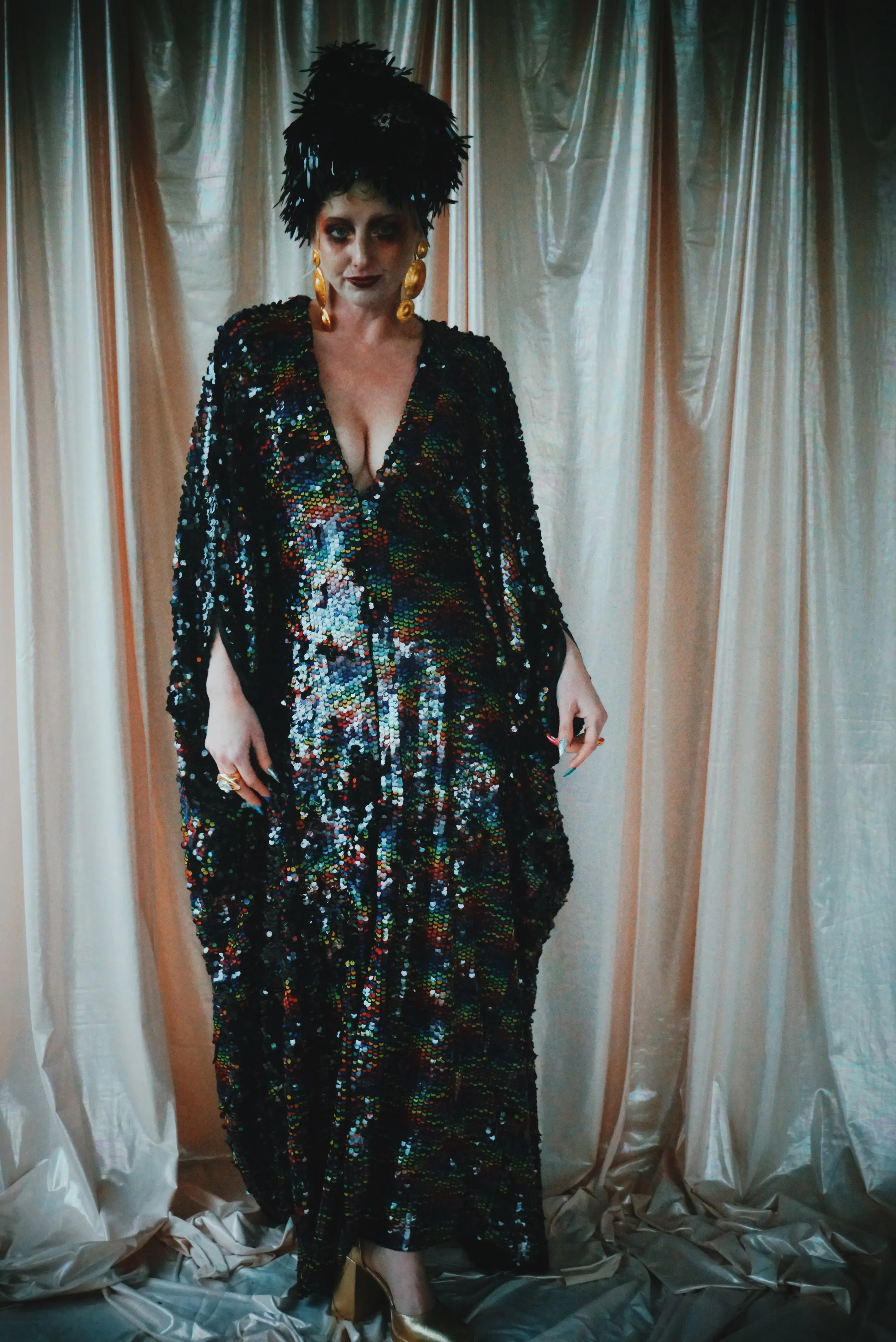 No.39 Rubiks Cube sequin multi-coloured V- Neck kaftan Gown