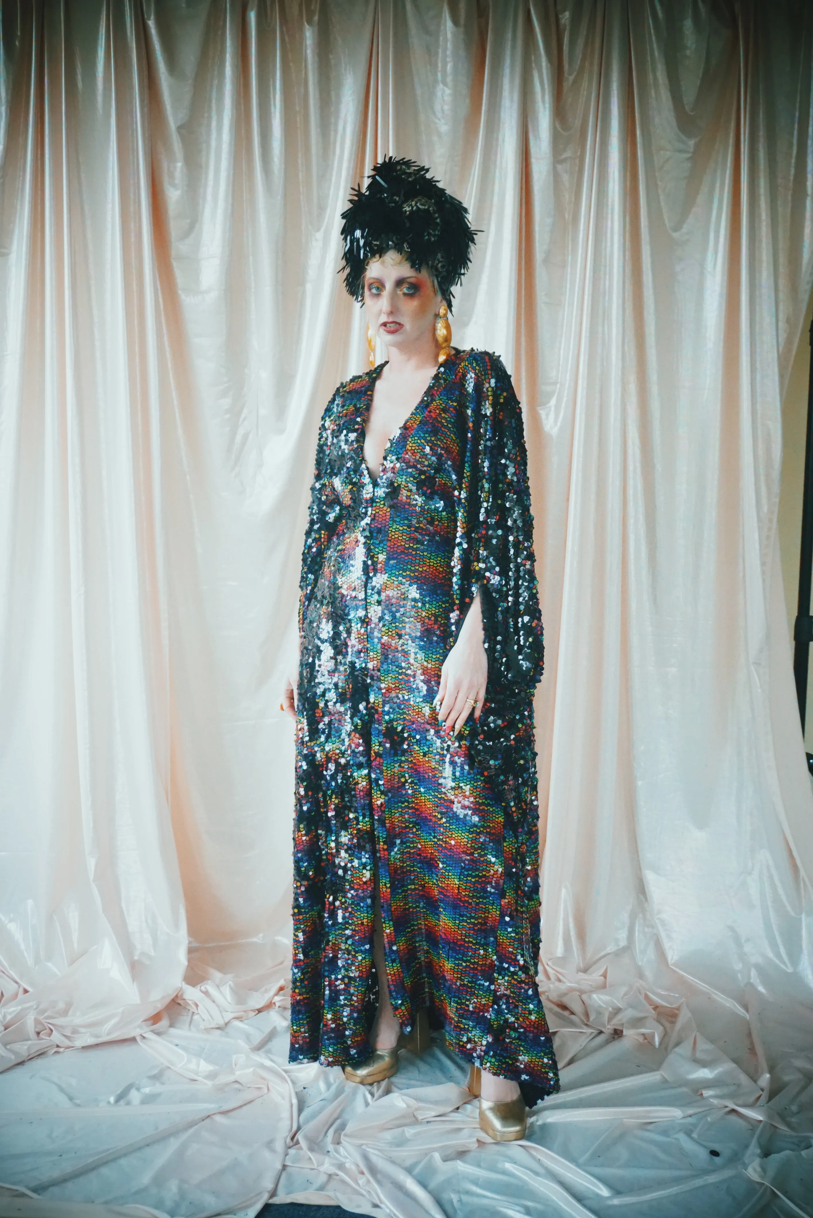 No.39 Rubiks Cube sequin multi-coloured V- Neck kaftan Gown