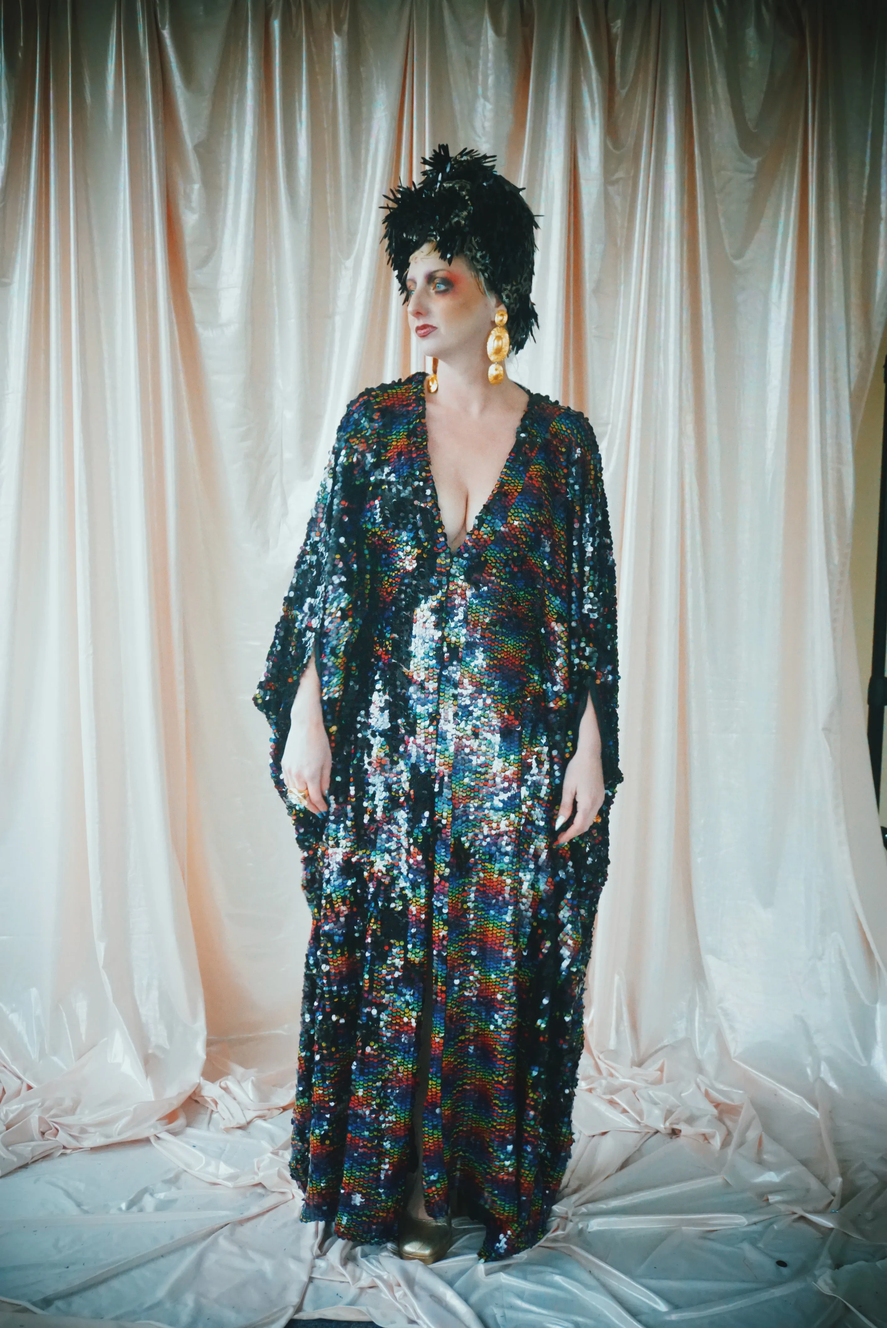 No.39 Rubiks Cube sequin multi-coloured V- Neck kaftan Gown