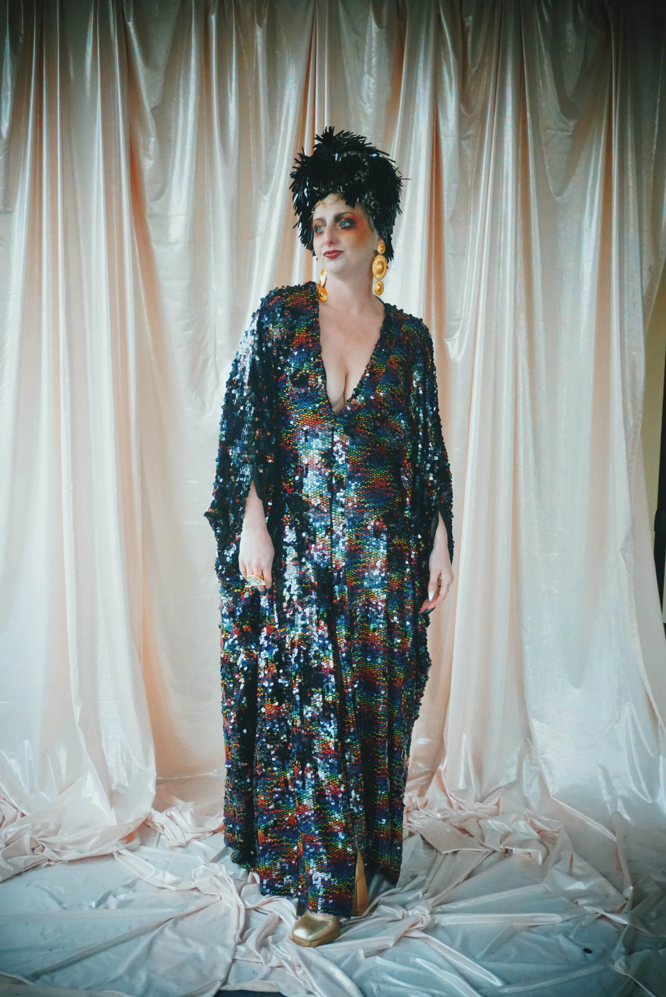 No.39 Rubiks Cube sequin multi-coloured V- Neck kaftan Gown
