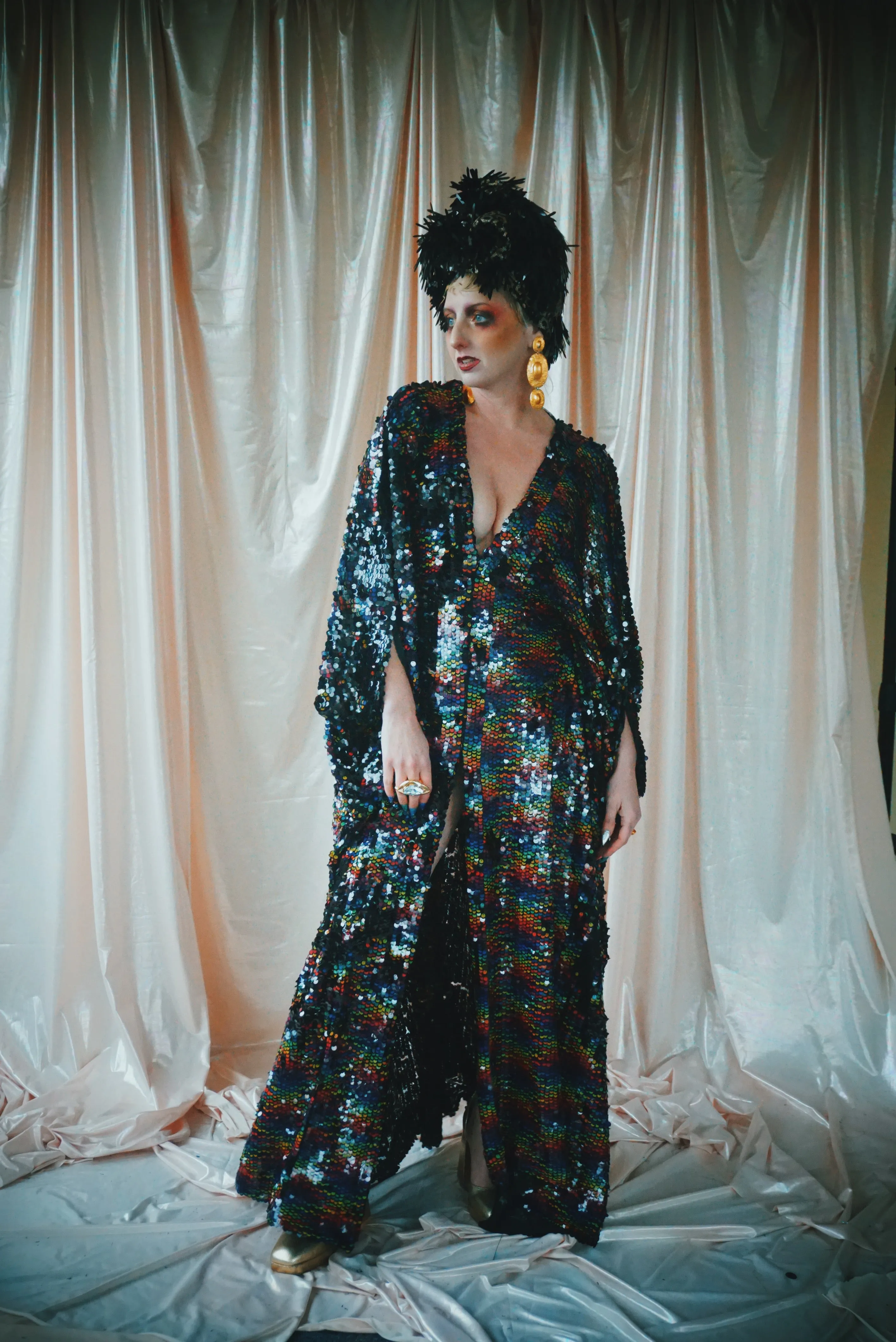 No.39 Rubiks Cube sequin multi-coloured V- Neck kaftan Gown