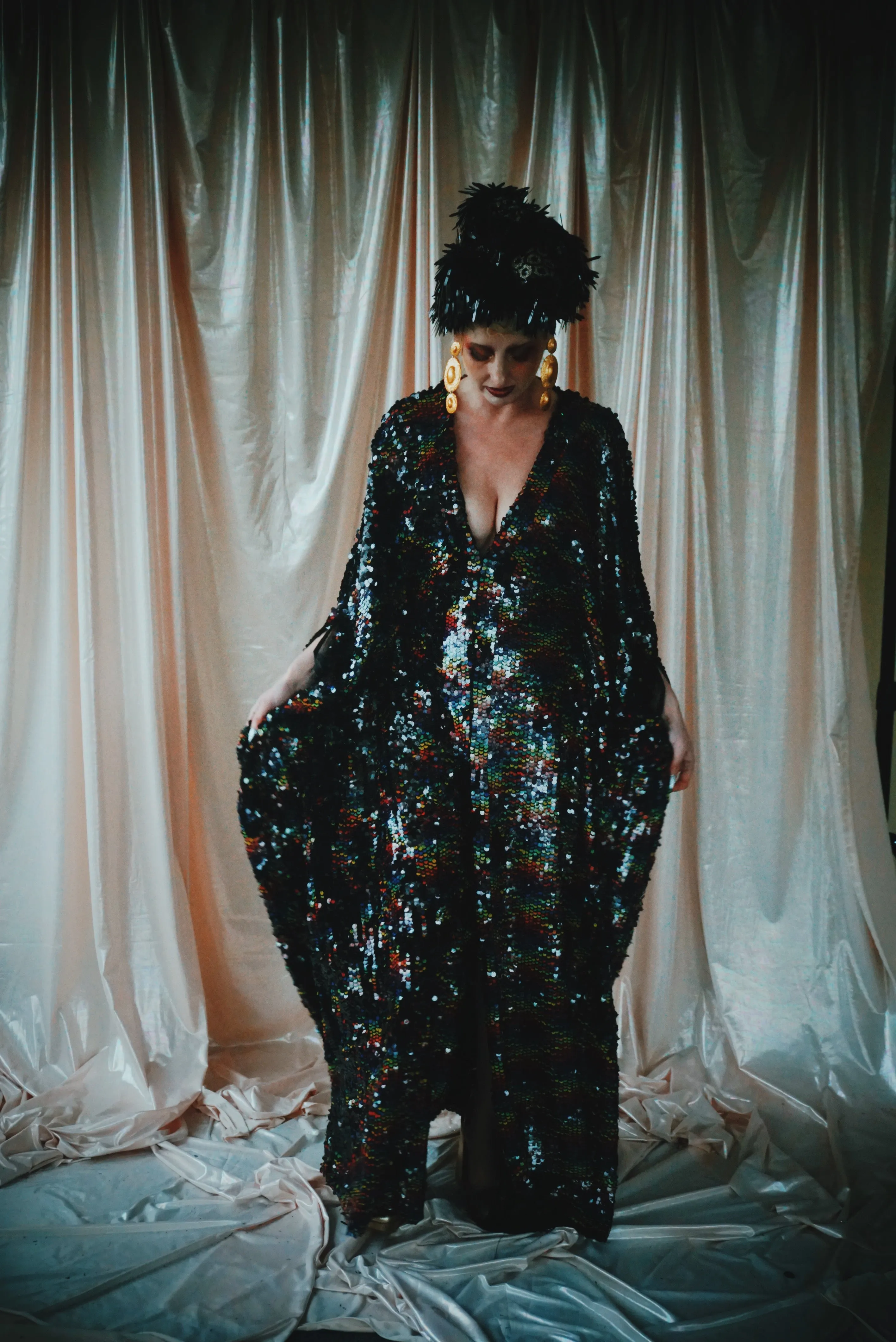 No.39 Rubiks Cube sequin multi-coloured V- Neck kaftan Gown