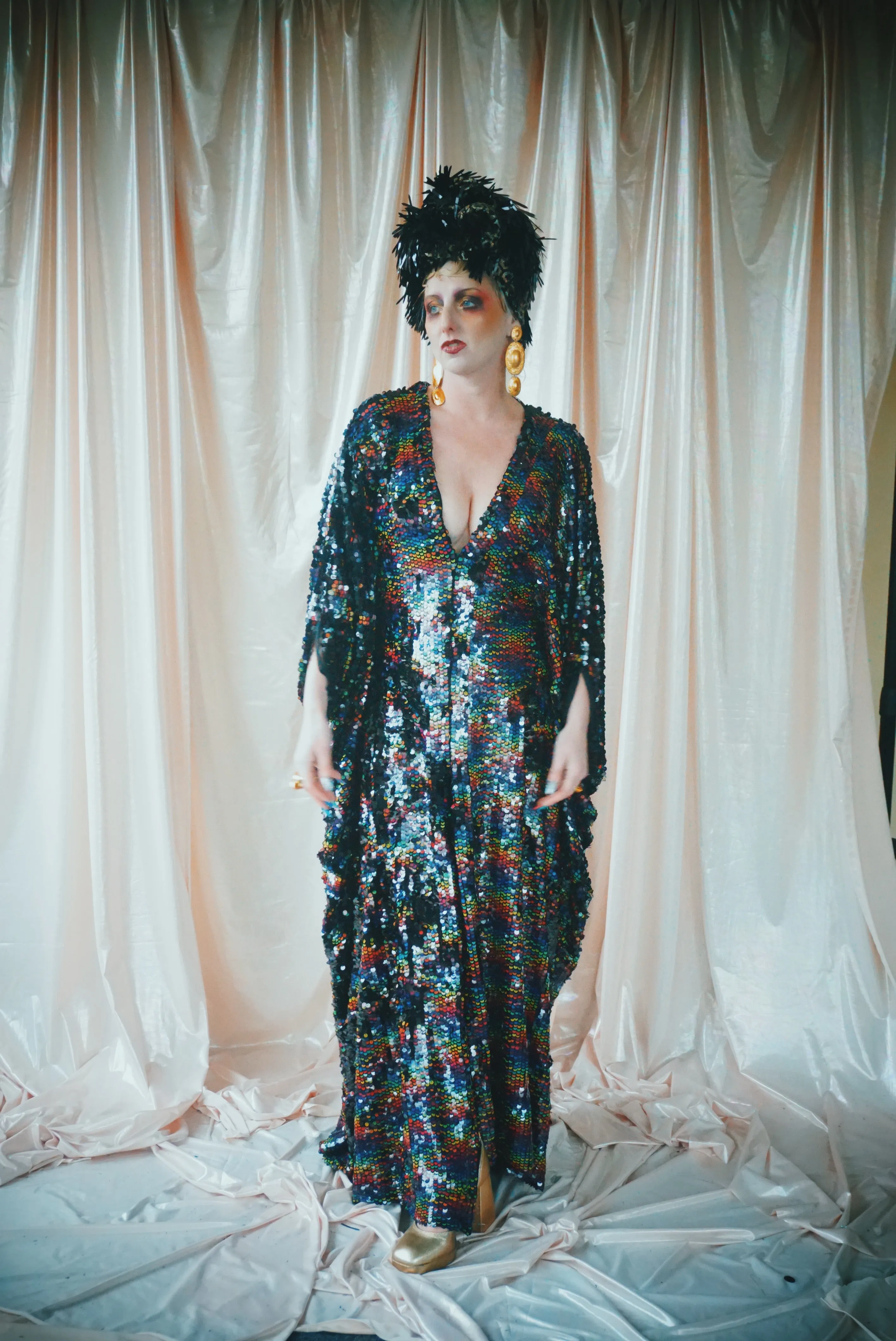 No.39 Rubiks Cube sequin multi-coloured V- Neck kaftan Gown