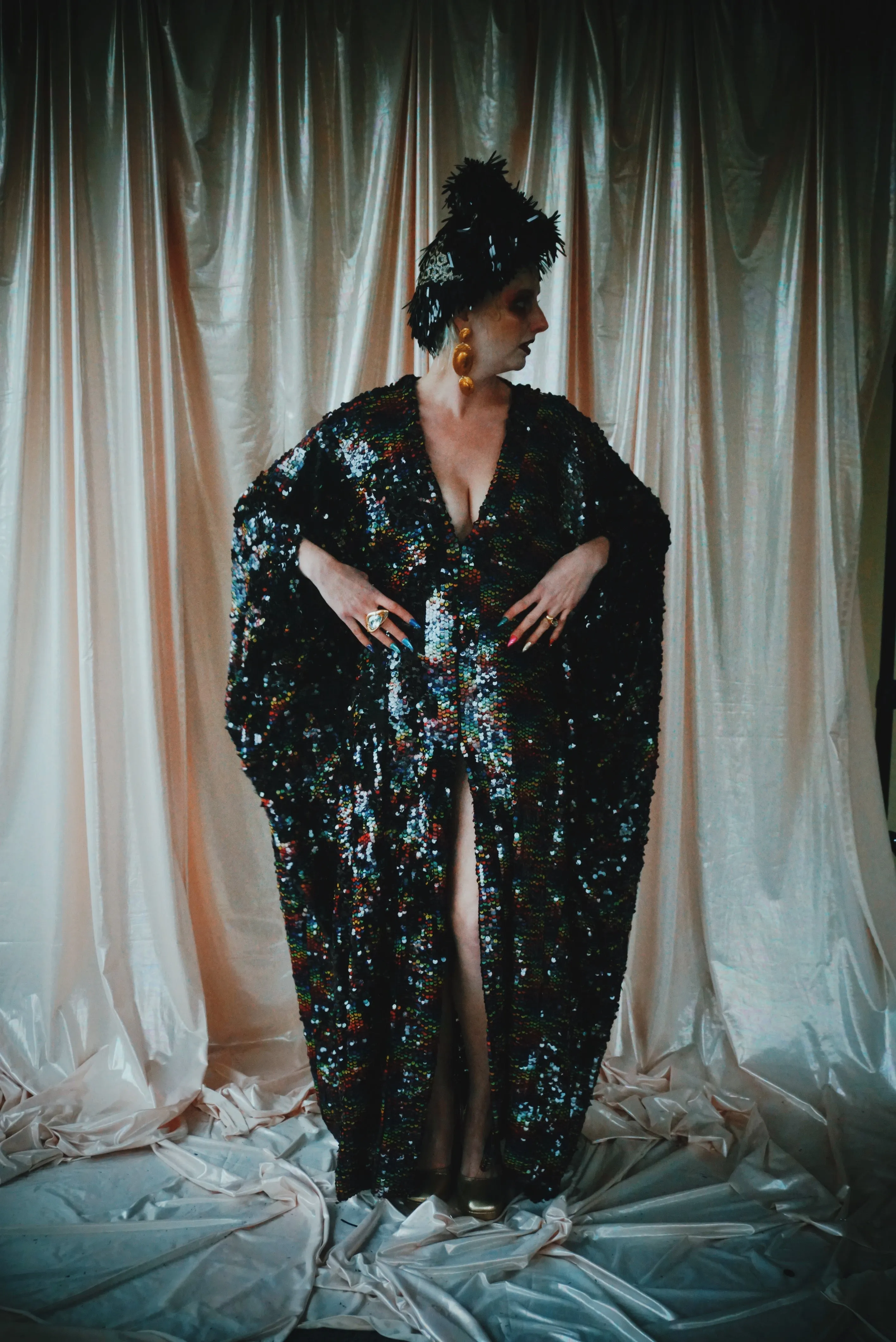 No.39 Rubiks Cube sequin multi-coloured V- Neck kaftan Gown