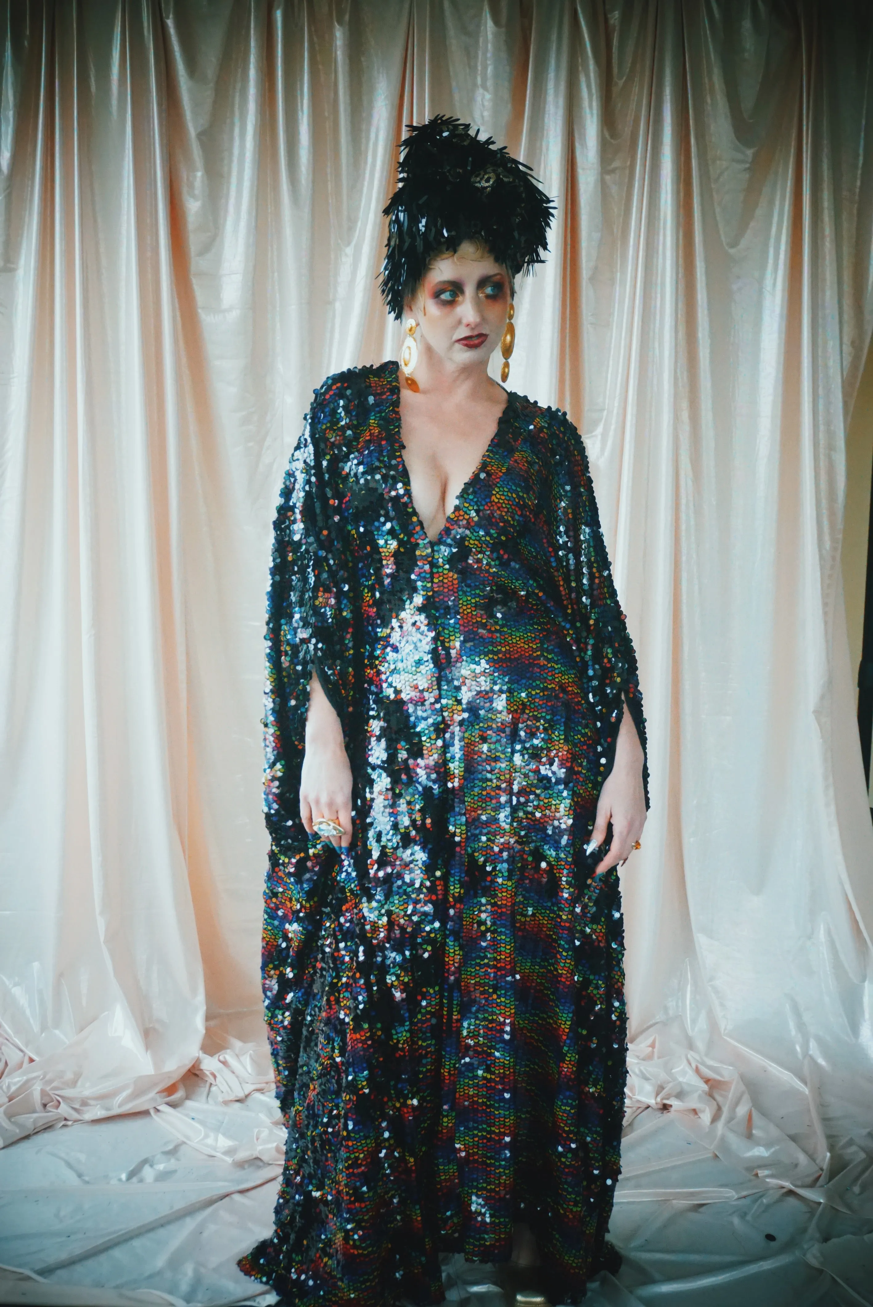 No.39 Rubiks Cube sequin multi-coloured V- Neck kaftan Gown