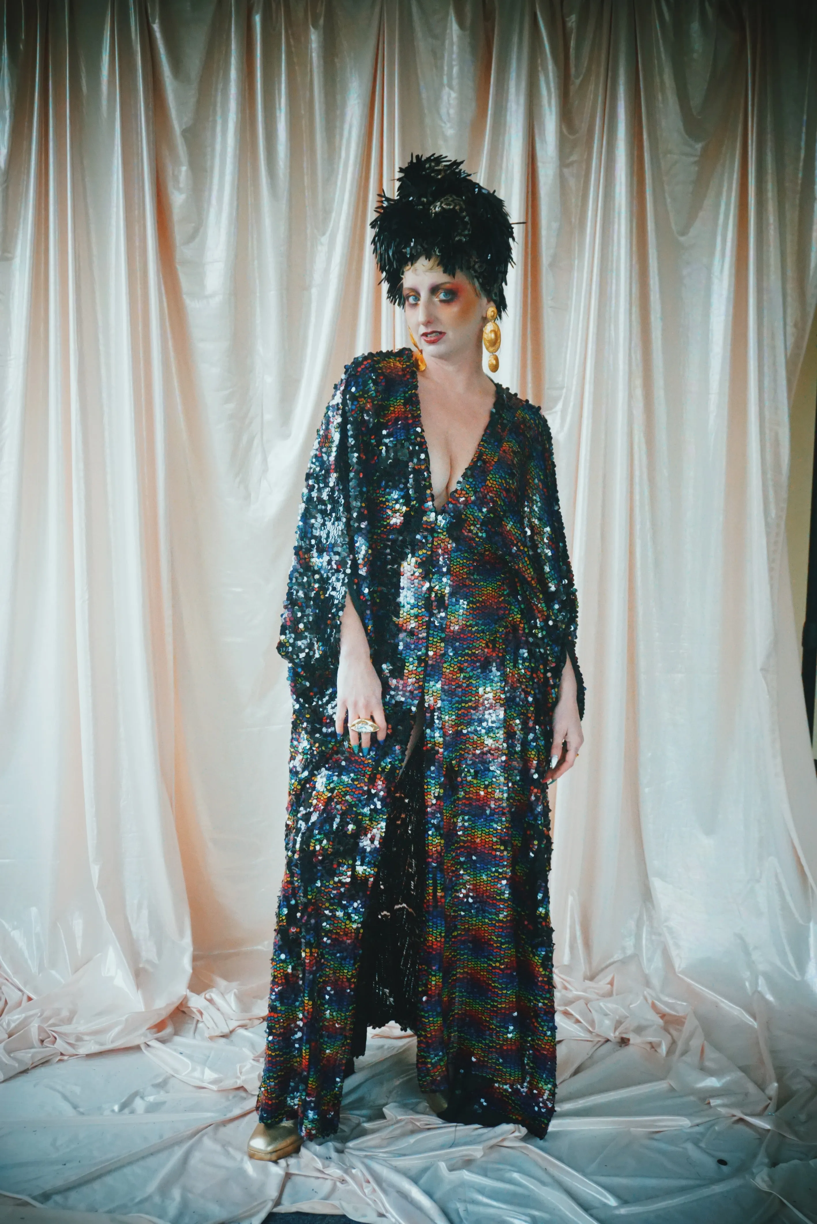 No.39 Rubiks Cube sequin multi-coloured V- Neck kaftan Gown