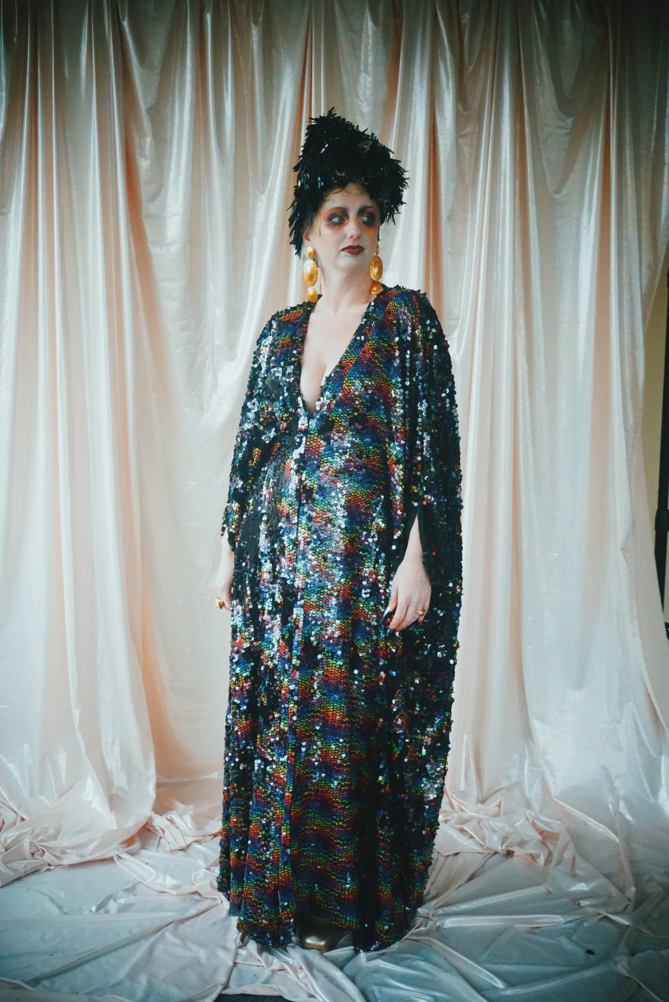 No.39 Rubiks Cube sequin multi-coloured V- Neck kaftan Gown