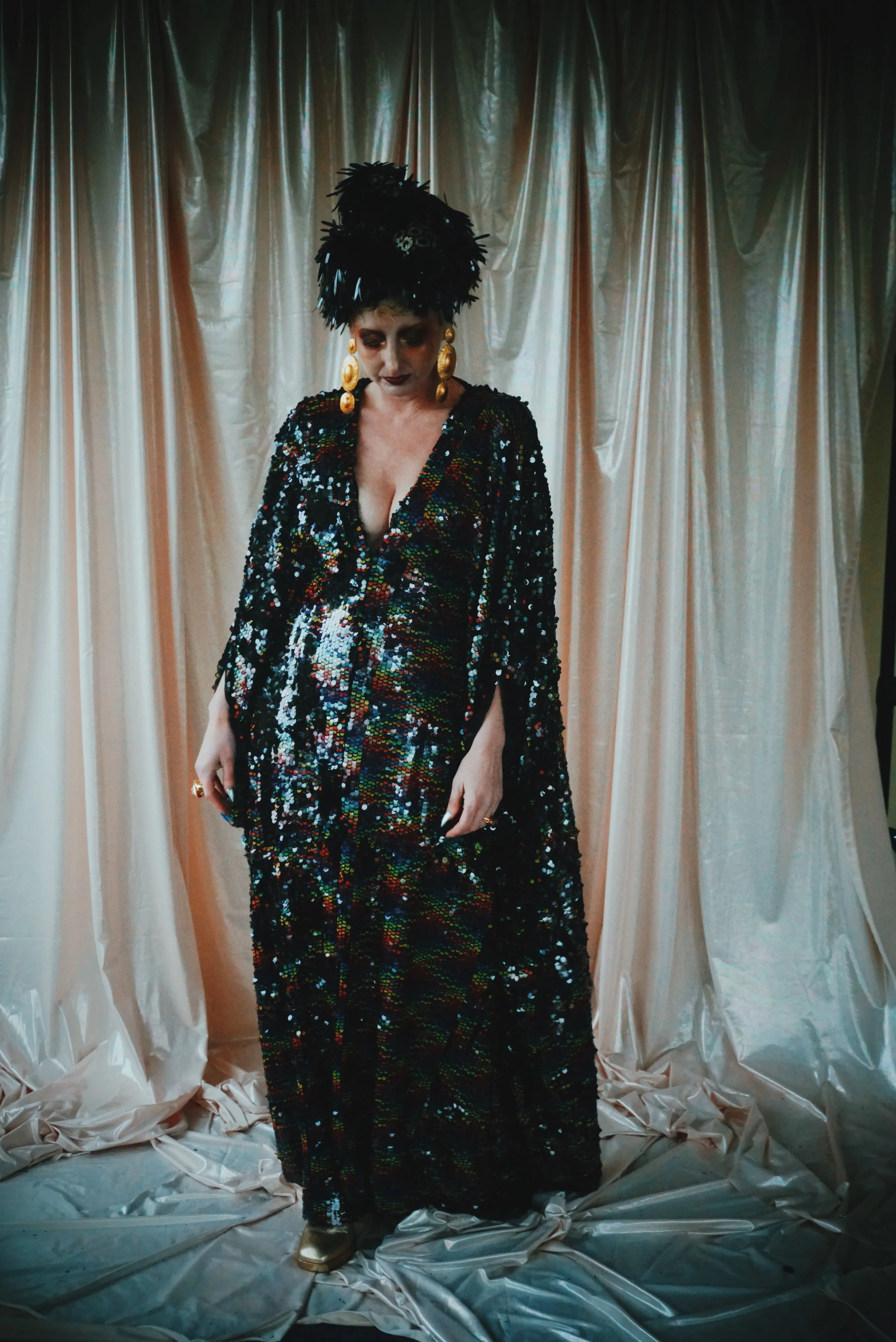 No.39 Rubiks Cube sequin multi-coloured V- Neck kaftan Gown