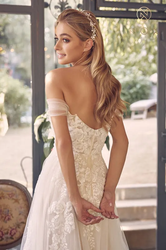 NOX ANABEL JE953 Classic Floral Applique Off Shoulder Slit Gown