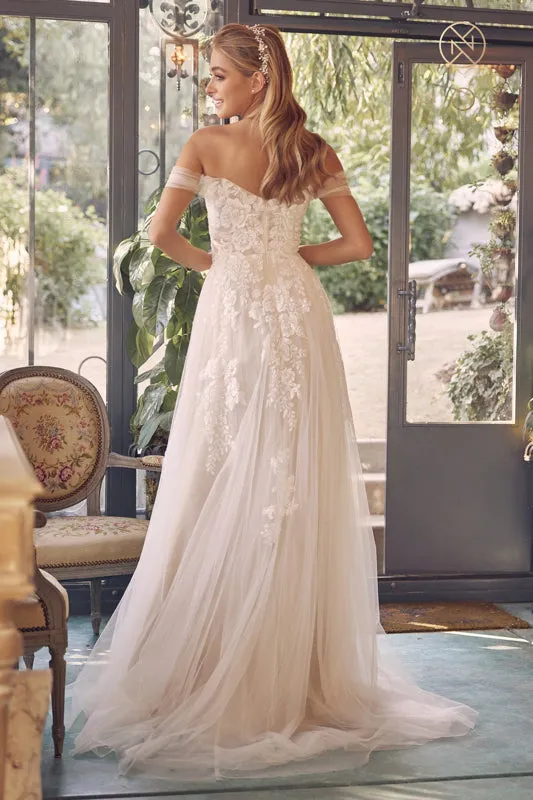 NOX ANABEL JE953 Classic Floral Applique Off Shoulder Slit Gown