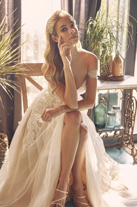 NOX ANABEL JE953 Classic Floral Applique Off Shoulder Slit Gown