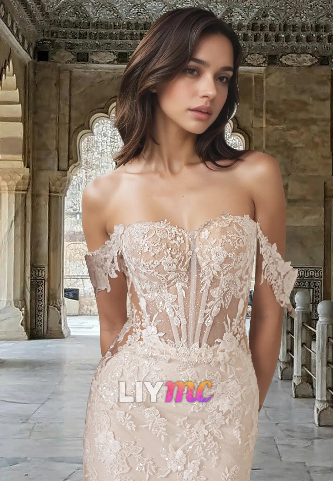 Off-Shoulder Sleeveless Floral Appliques Mermaid Wedding Dress