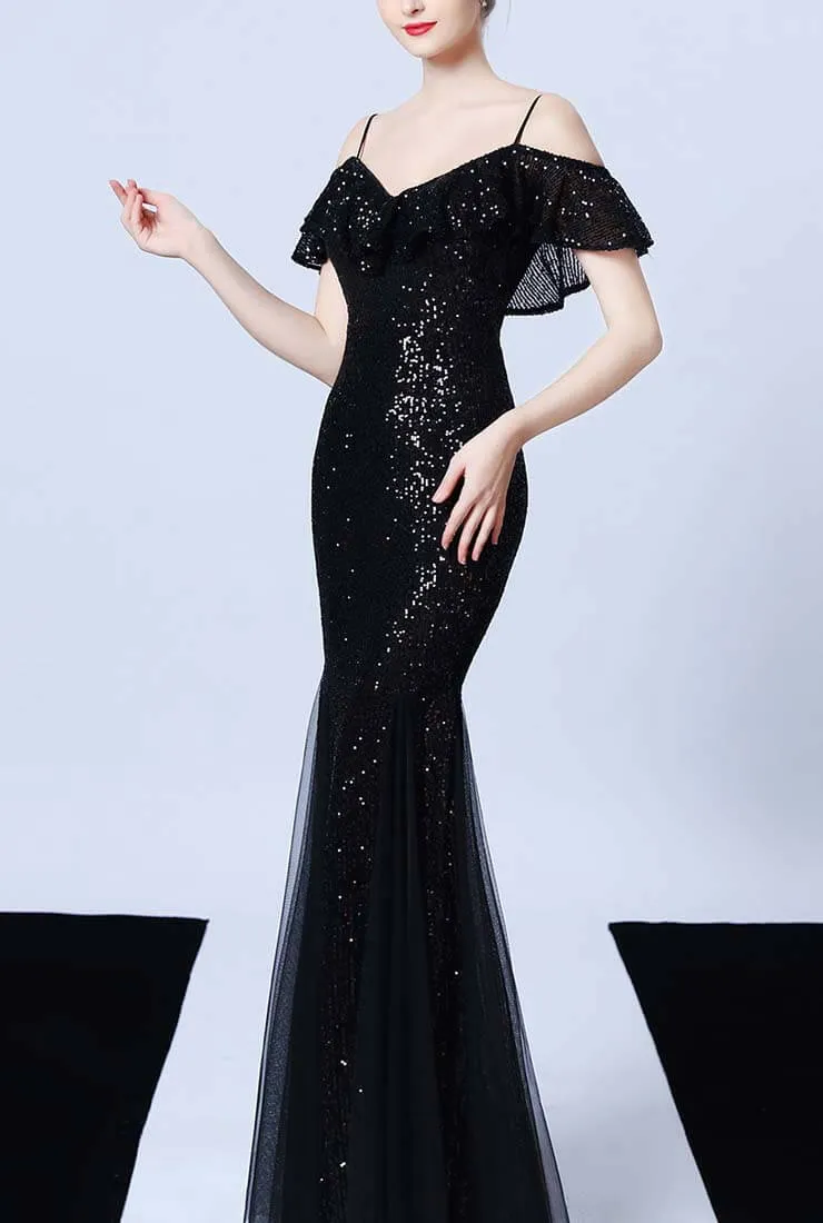 Off The Shoulder Tassels Fishtail Sequin Prom Dress