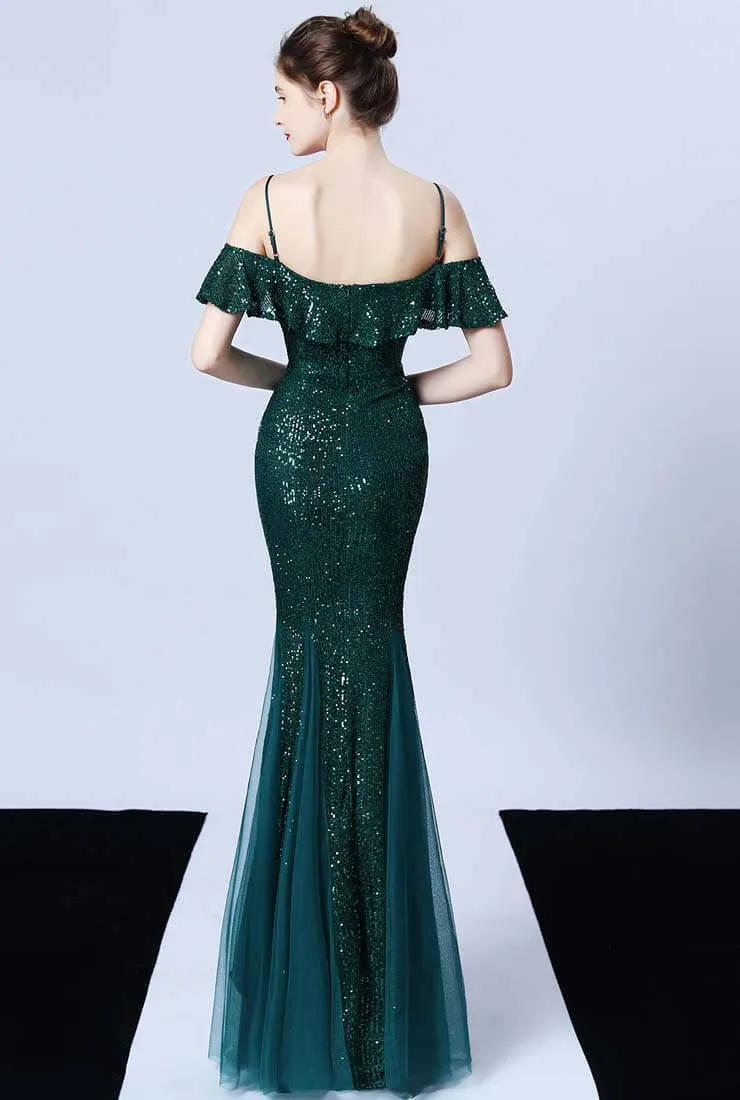 Off The Shoulder Tassels Fishtail Sequin Prom Dress
