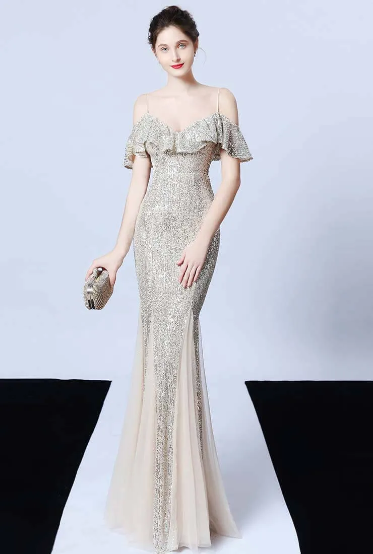 Off The Shoulder Tassels Fishtail Sequin Prom Dress