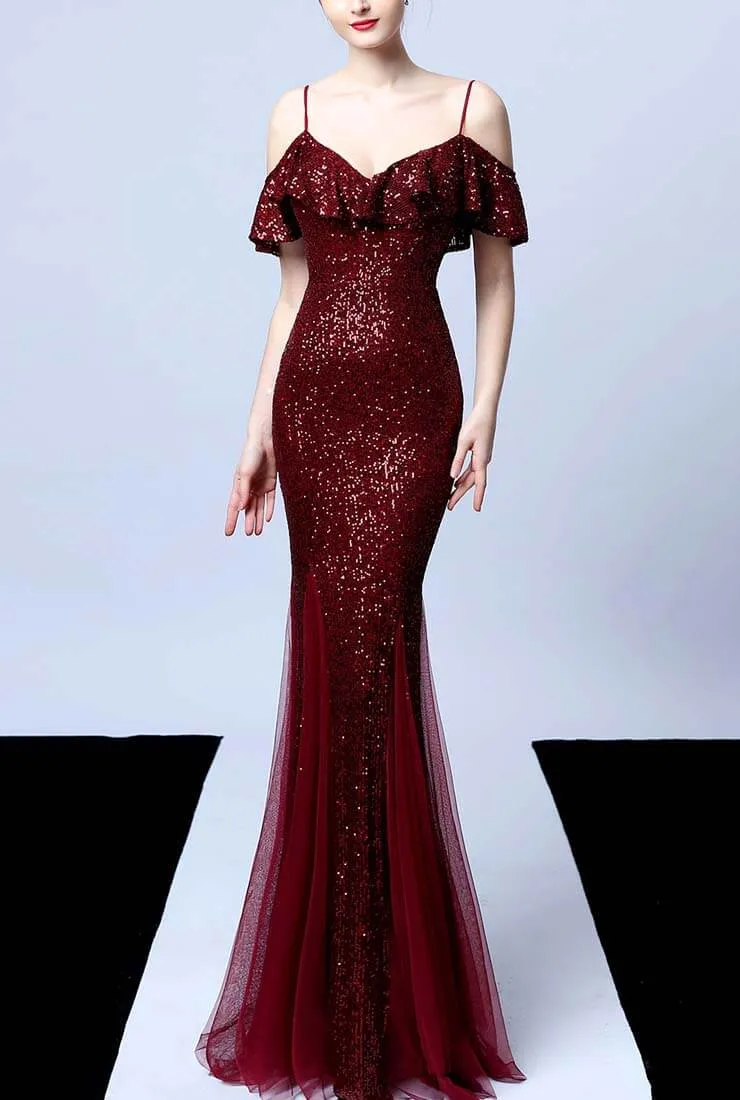 Off The Shoulder Tassels Fishtail Sequin Prom Dress