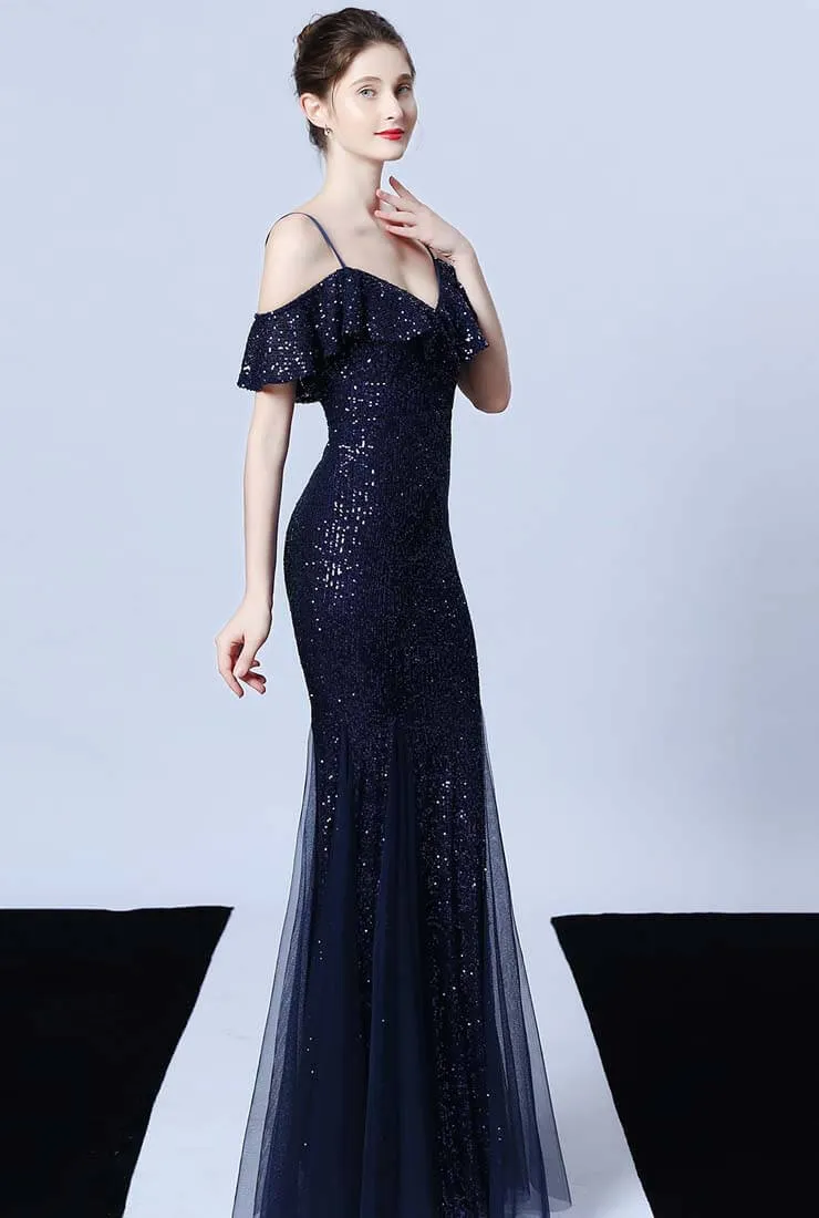 Off The Shoulder Tassels Fishtail Sequin Prom Dress