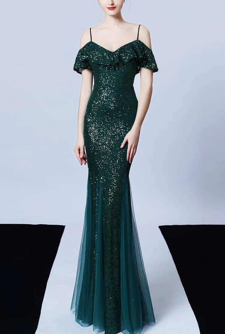 Off The Shoulder Tassels Fishtail Sequin Prom Dress