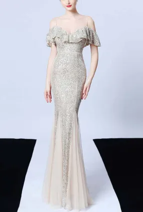 Off The Shoulder Tassels Fishtail Sequin Prom Dress