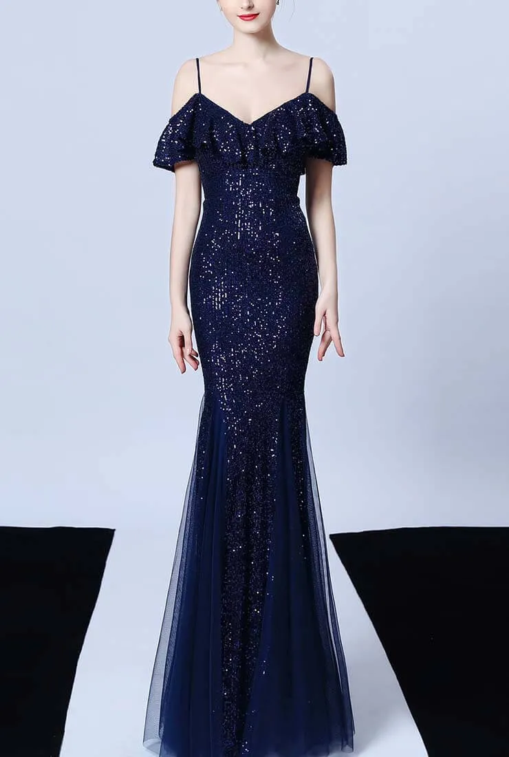 Off The Shoulder Tassels Fishtail Sequin Prom Dress
