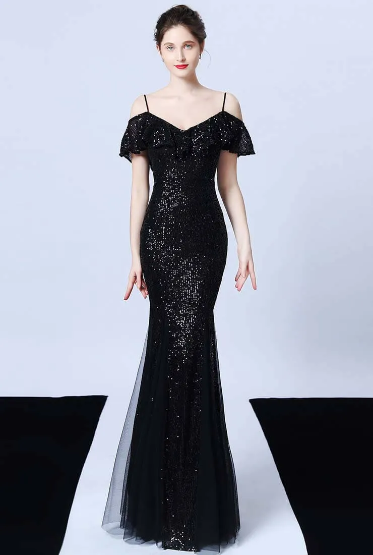 Off The Shoulder Tassels Fishtail Sequin Prom Dress