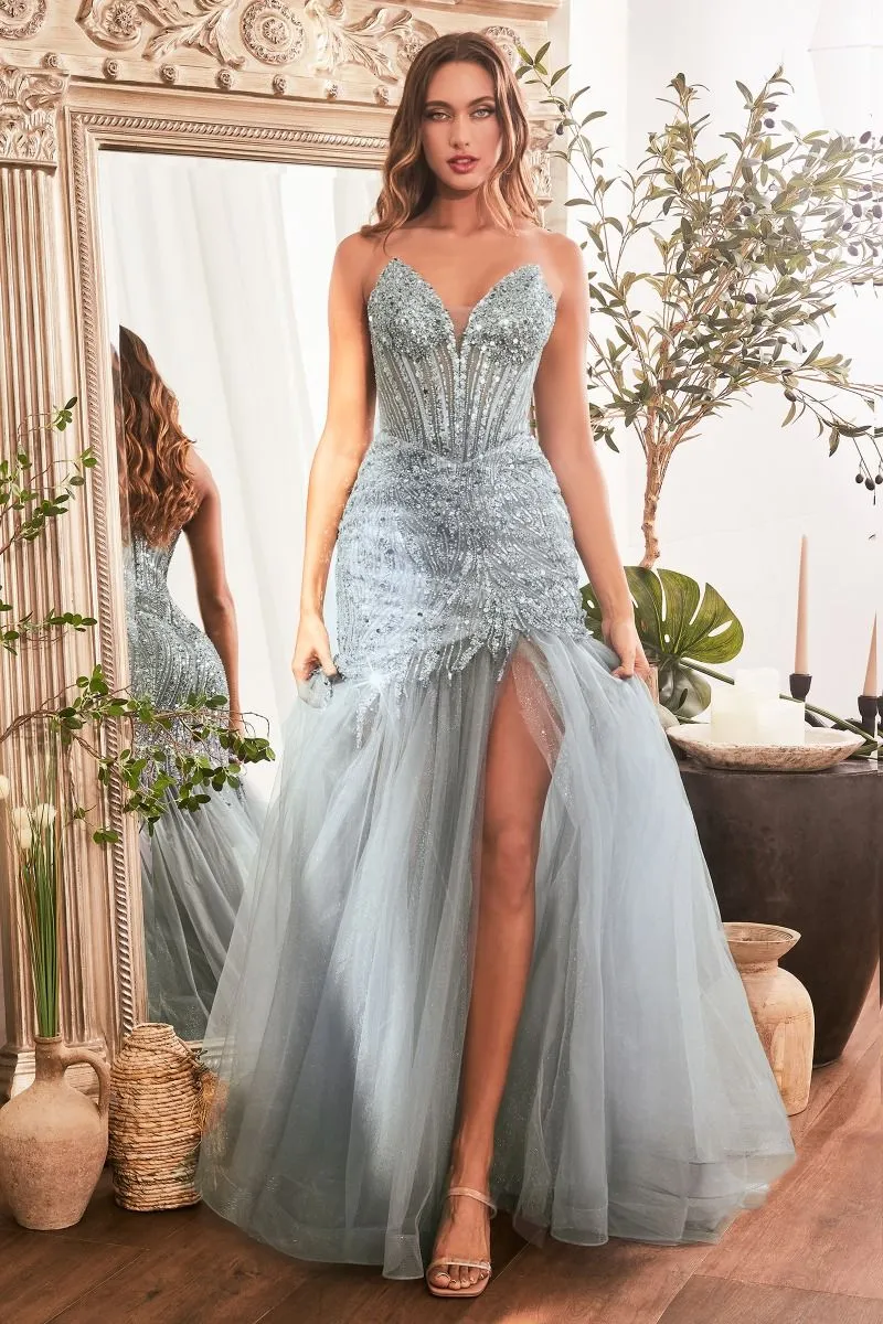 Perfection Prom Dress Strapless Sequin Mermaid Gown 740214TTK-SmokeyBlue LaDivine CD0214  Cinderella Divine CD0214