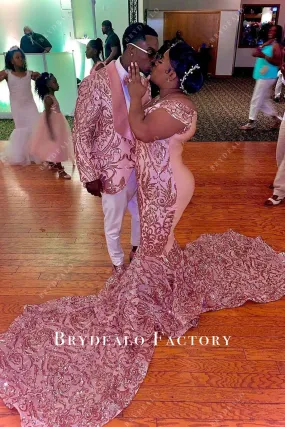 Pink Sequin Off Shoulder Mermaid Long Train Plus Size Prom Dress