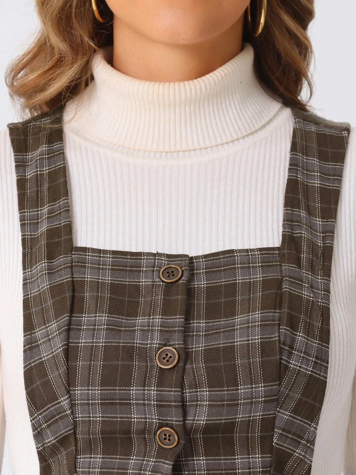 Plaid Overall Vintage Sleeveless Pockets A-Line Pinafore Dress