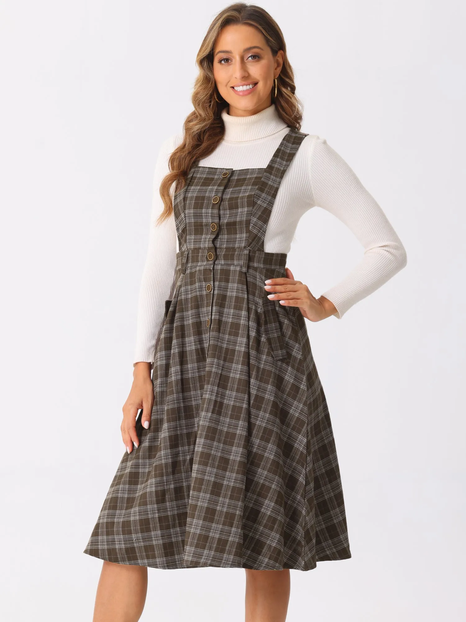 Plaid Overall Vintage Sleeveless Pockets A-Line Pinafore Dress