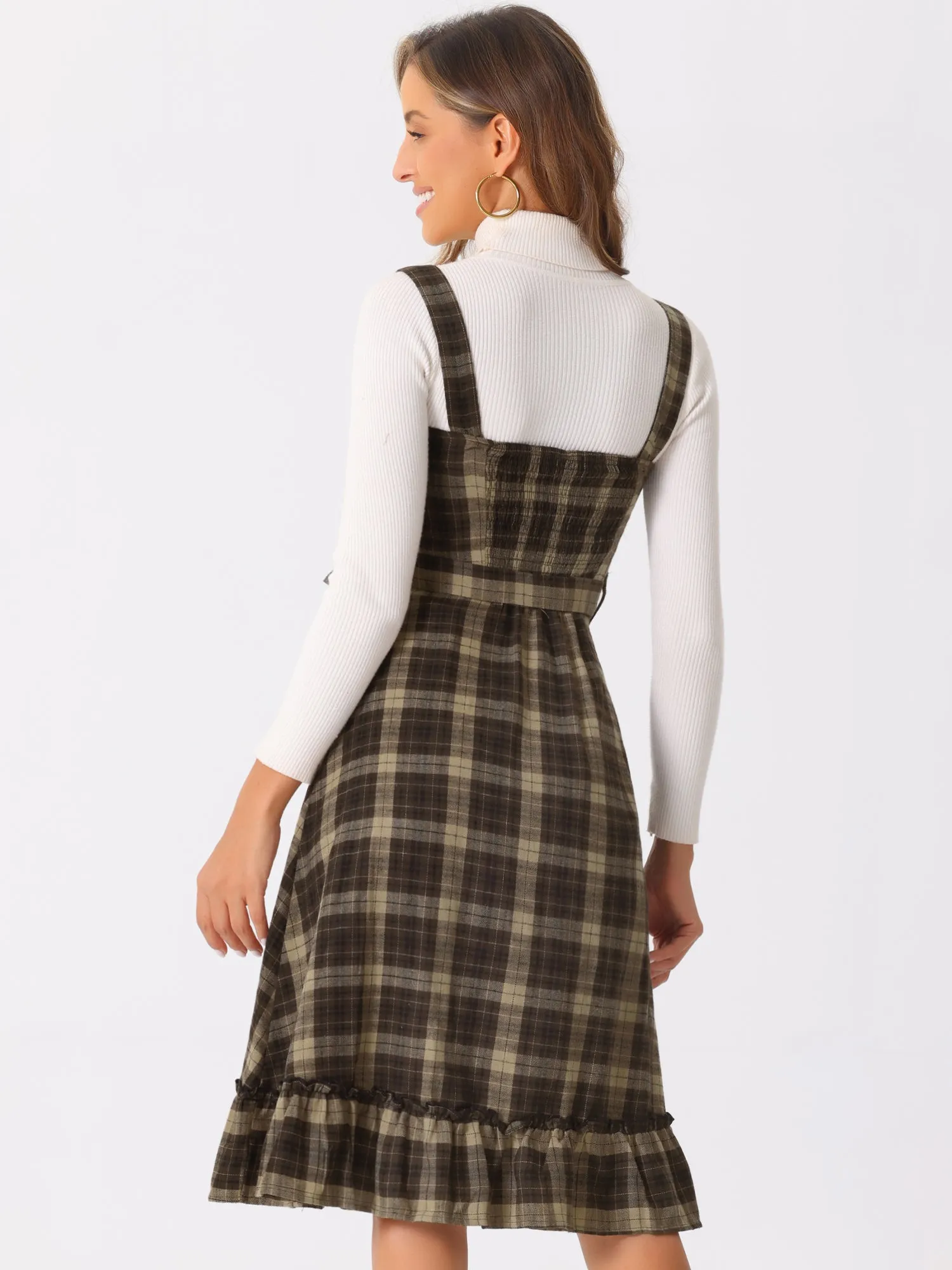 Plaid Ruffled Sleeveless Tie Waist A-Line Pinafore Overall Dress