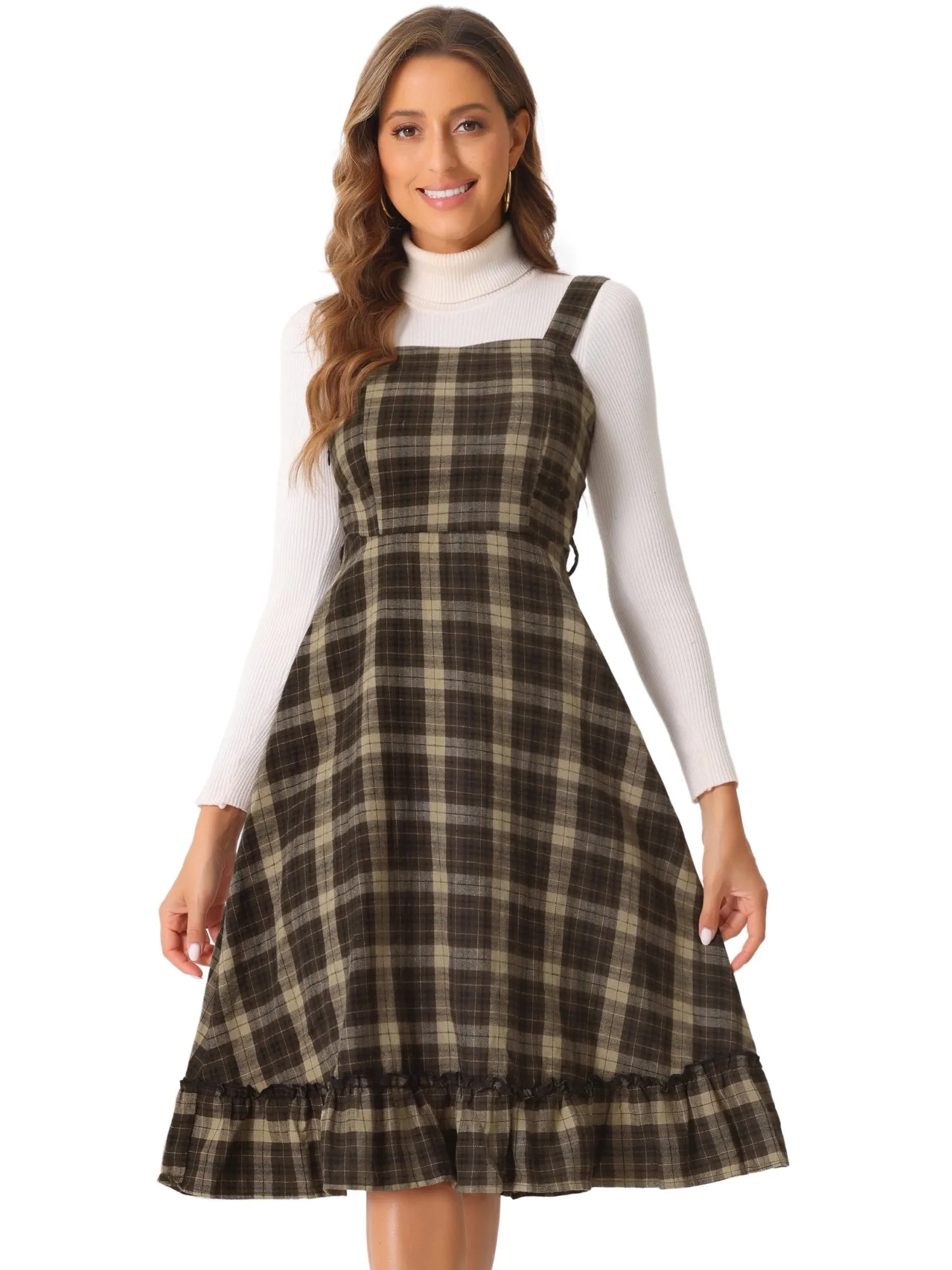 Plaid Ruffled Sleeveless Tie Waist A-Line Pinafore Overall Dress