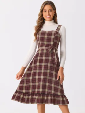 Plaid Ruffled Sleeveless Tie Waist A-Line Pinafore Overall Dress