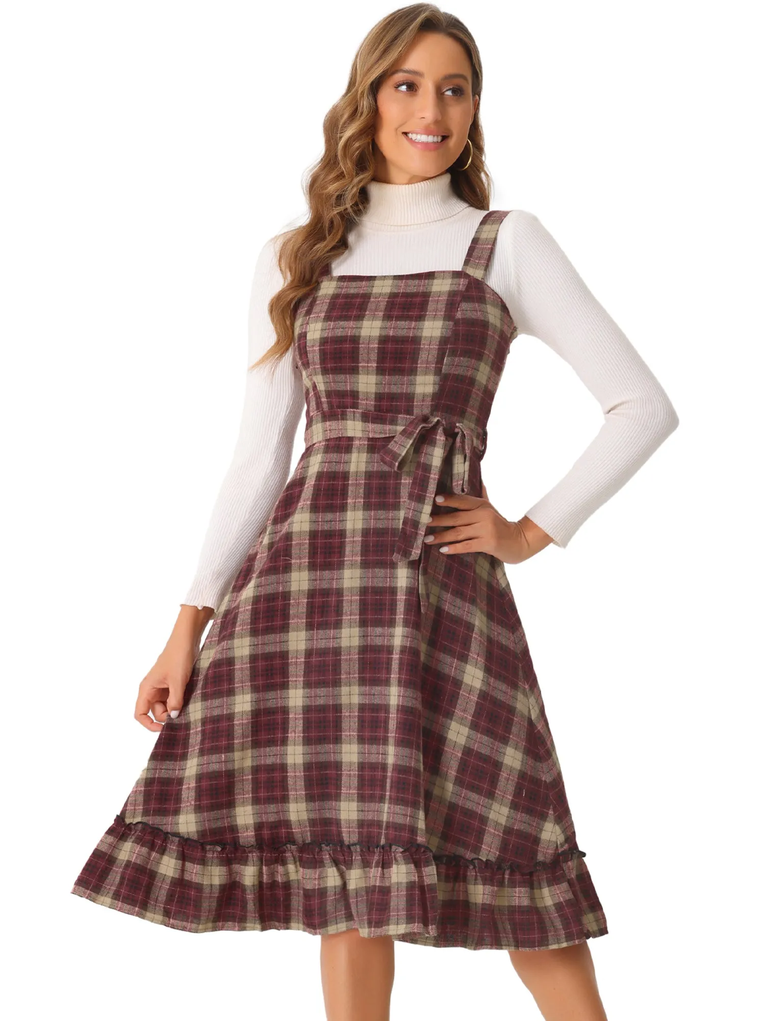Plaid Ruffled Sleeveless Tie Waist A-Line Pinafore Overall Dress