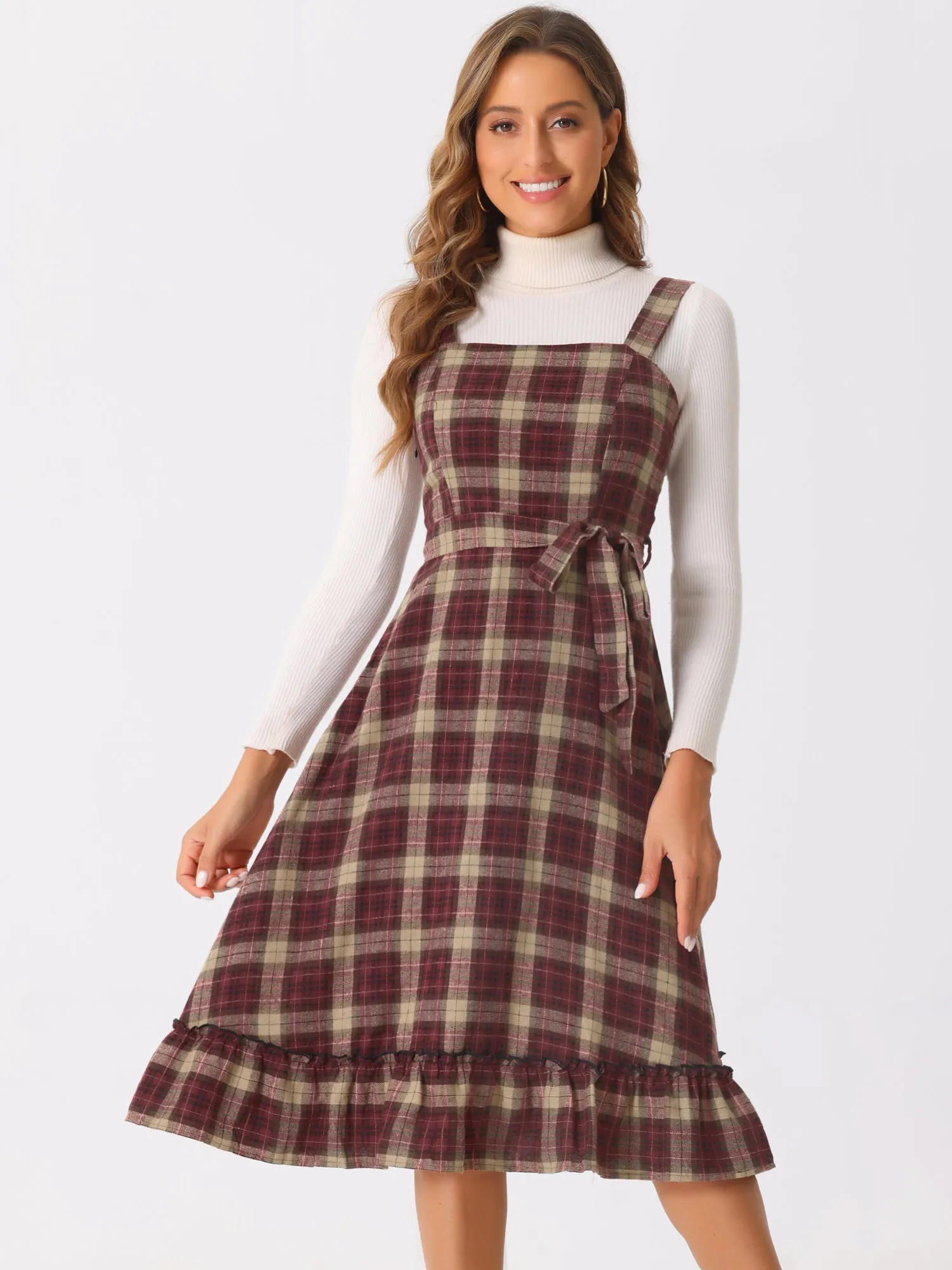 Plaid Ruffled Sleeveless Tie Waist A-Line Pinafore Overall Dress