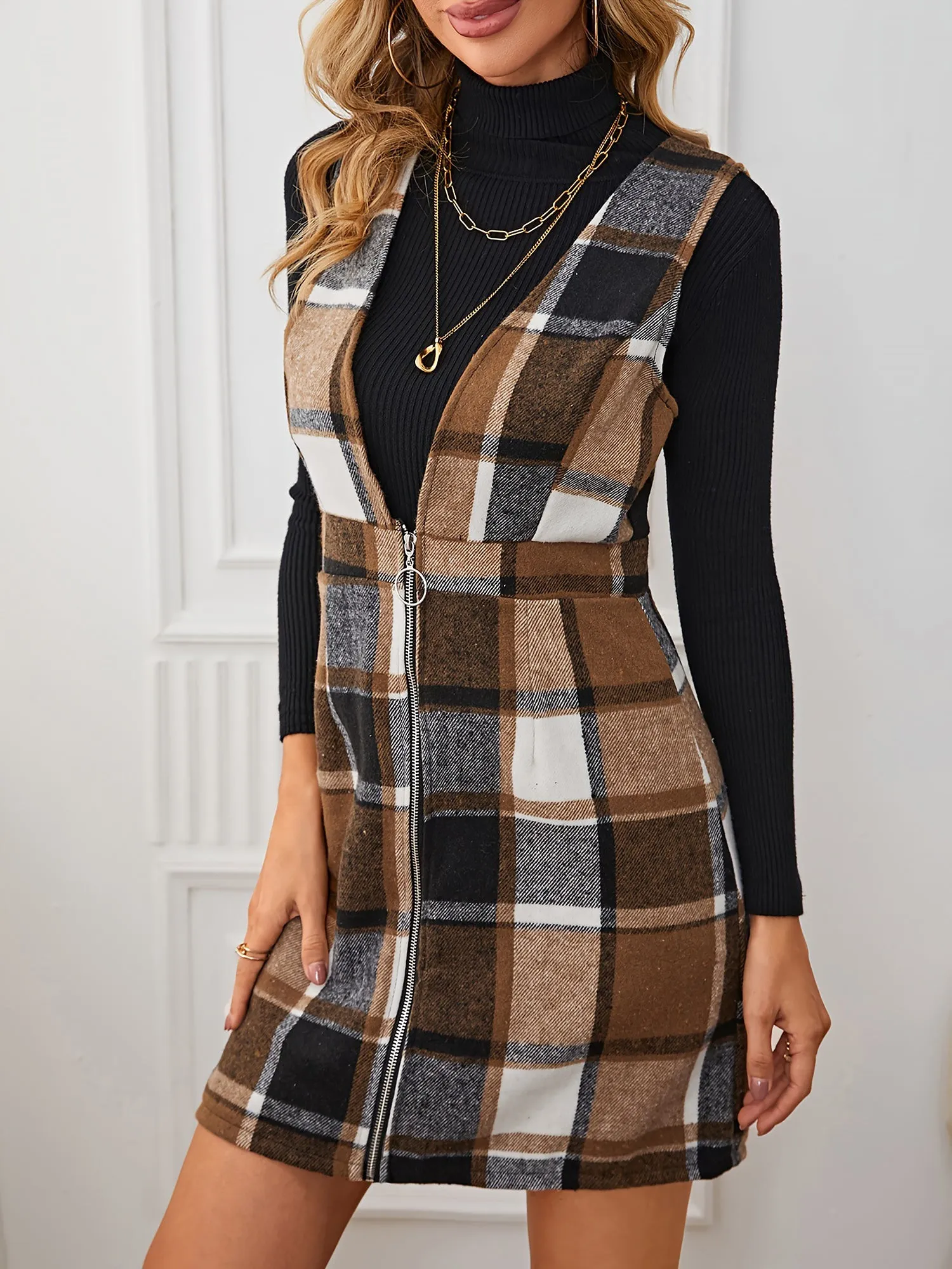 Plaid Sleeveless Zipper Pinafore Overall Mini Dress