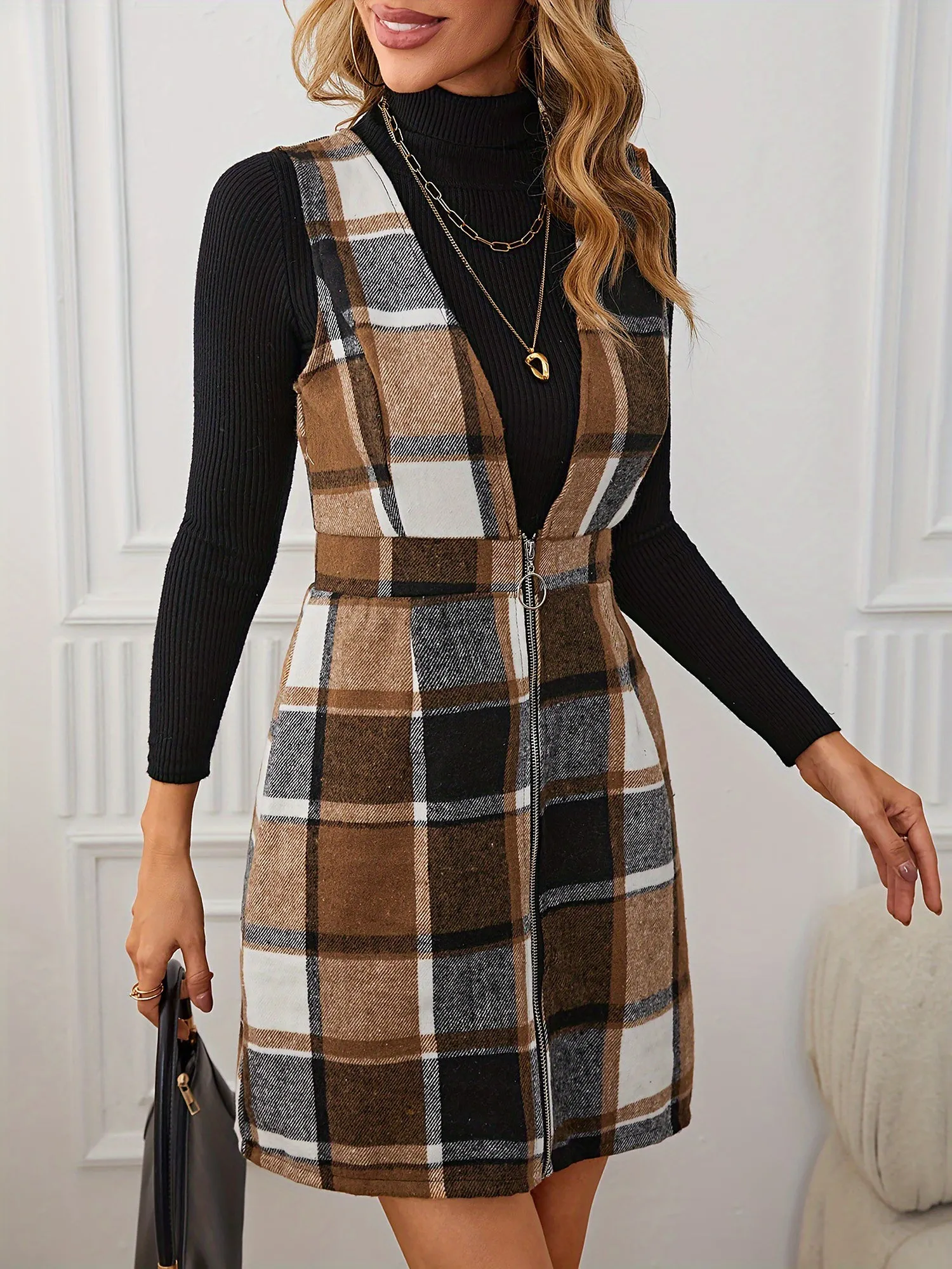 Plaid Sleeveless Zipper Pinafore Overall Mini Dress