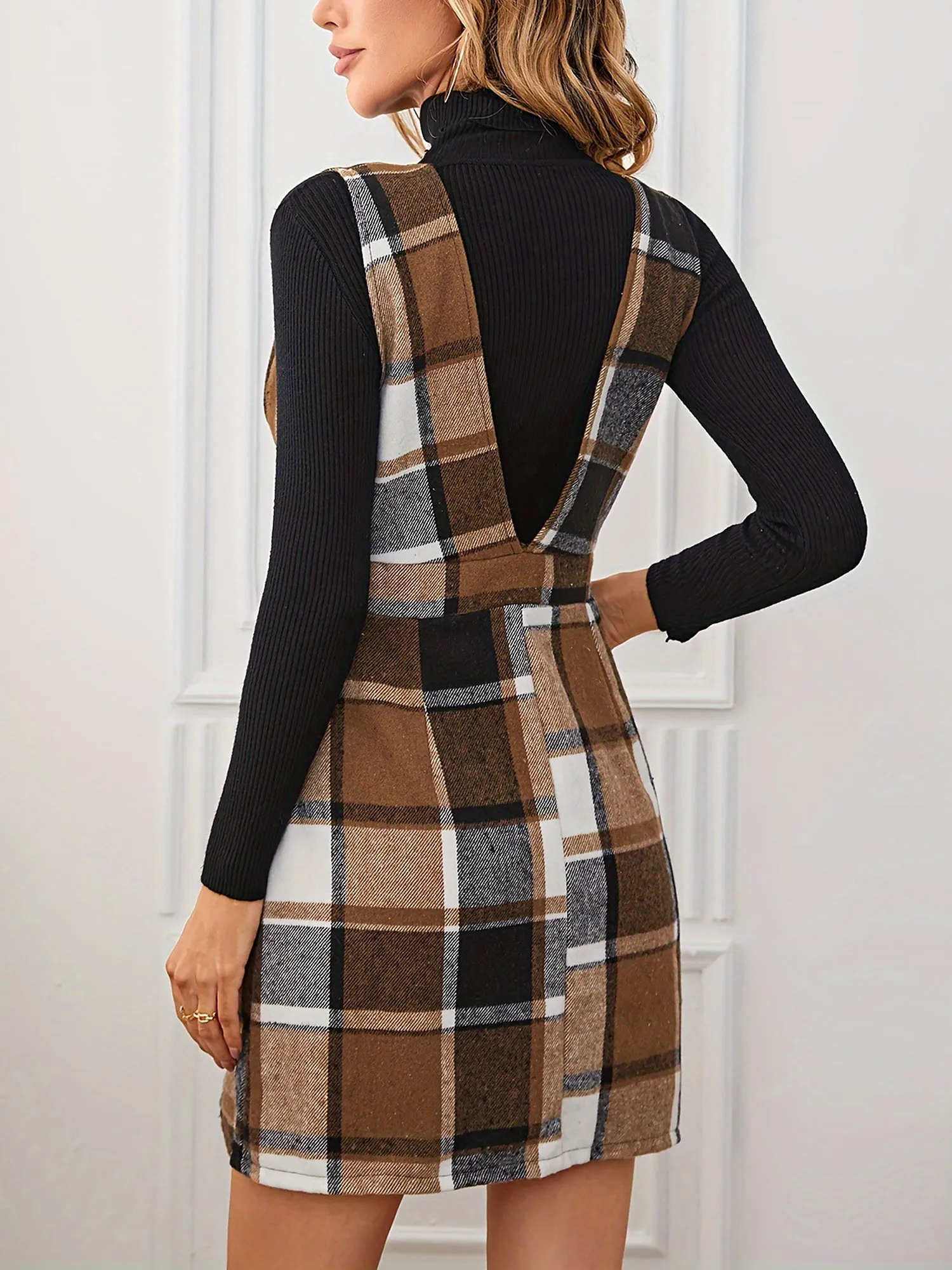 Plaid Sleeveless Zipper Pinafore Overall Mini Dress