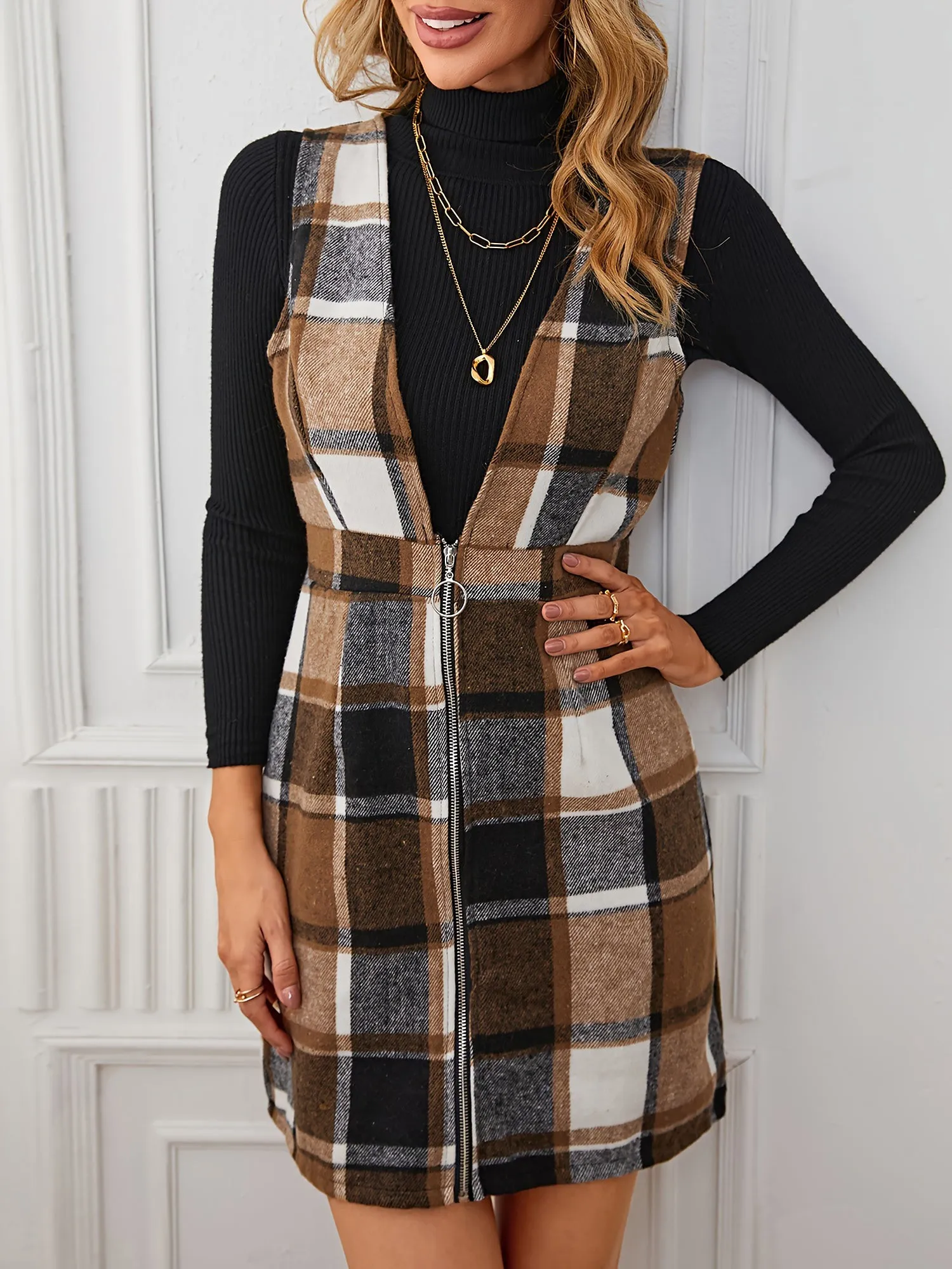 Plaid Sleeveless Zipper Pinafore Overall Mini Dress