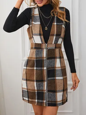 Plaid Sleeveless Zipper Pinafore Overall Mini Dress