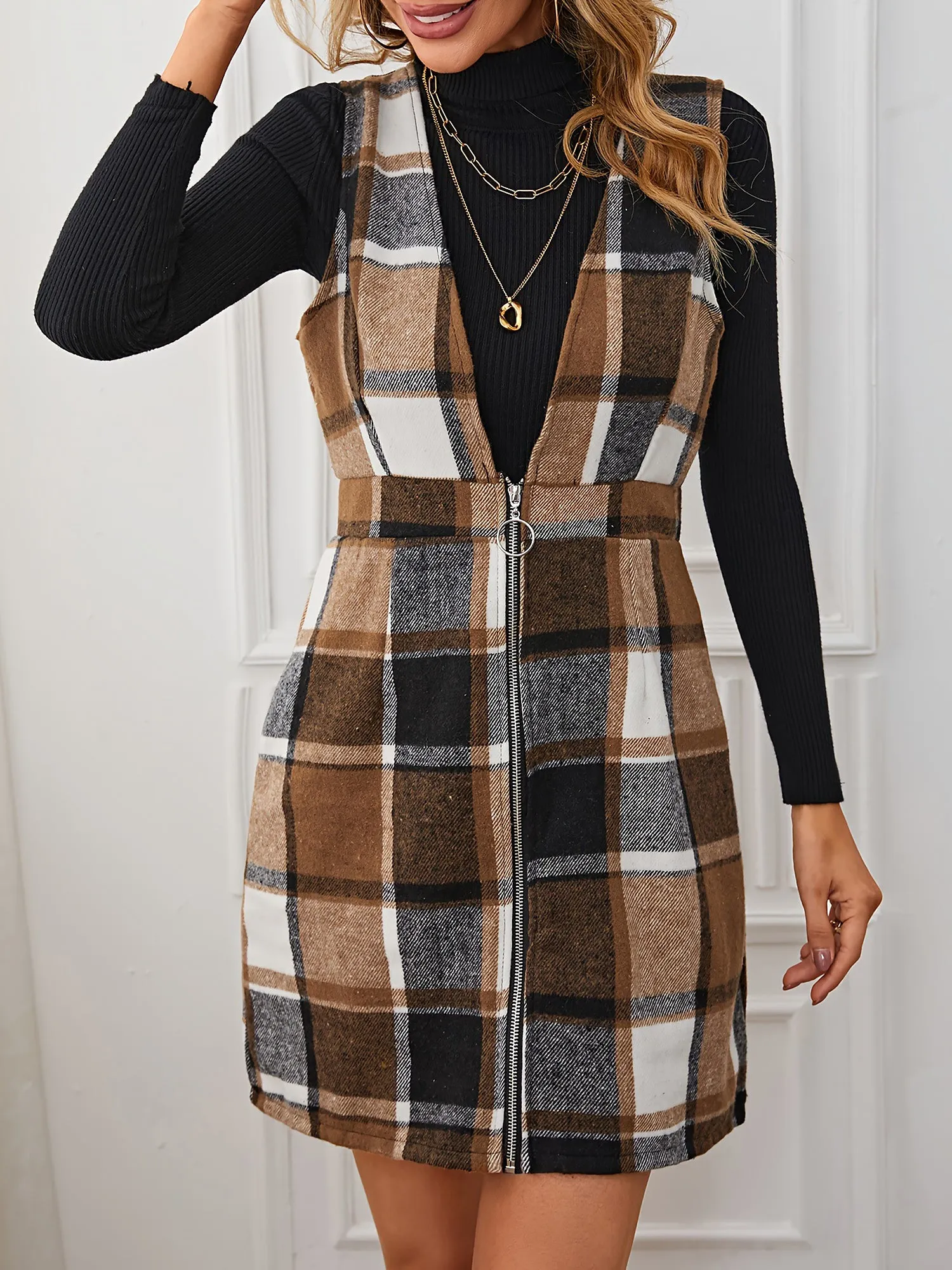 Plaid Sleeveless Zipper Pinafore Overall Mini Dress