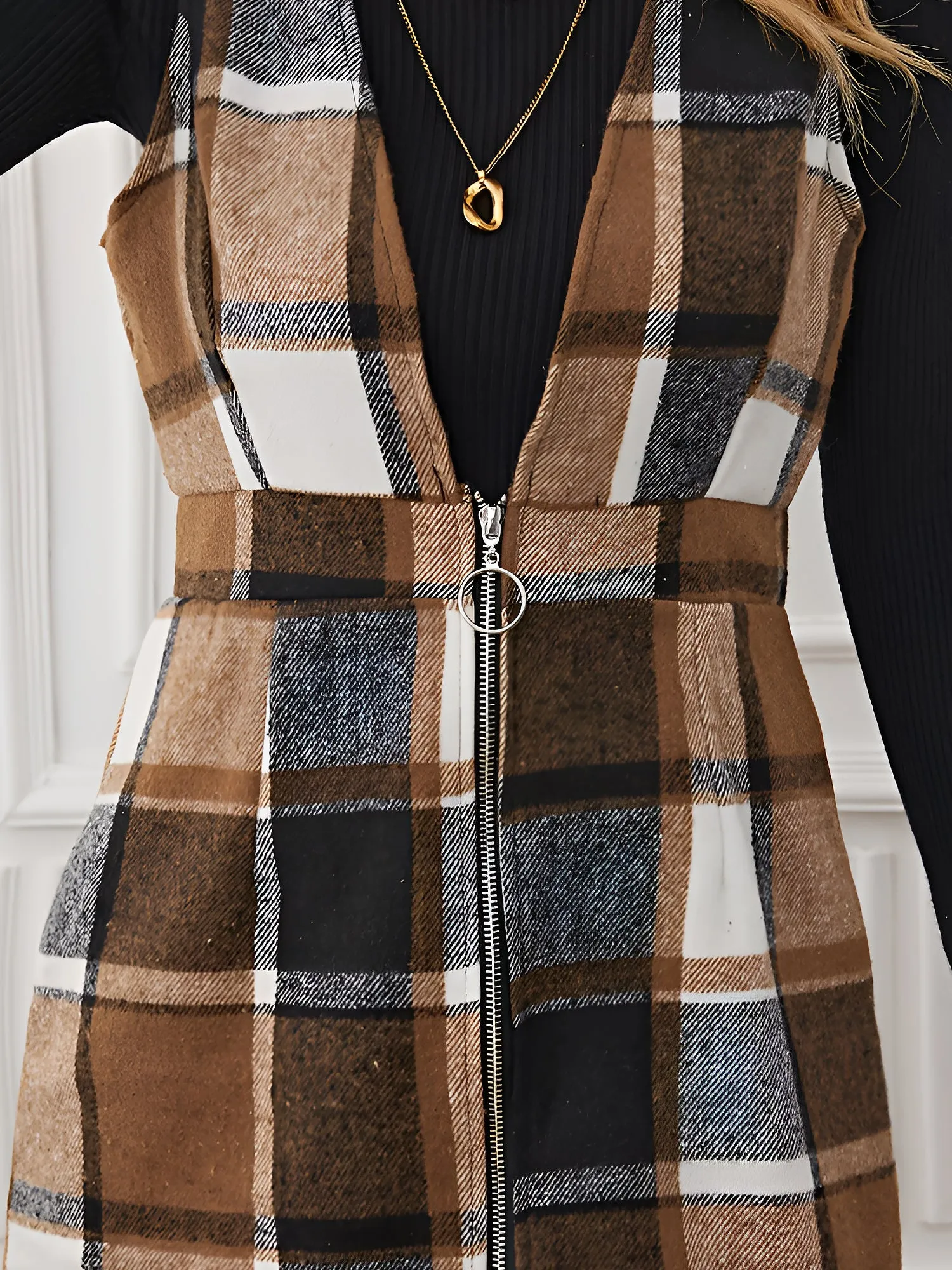 Plaid Sleeveless Zipper Pinafore Overall Mini Dress
