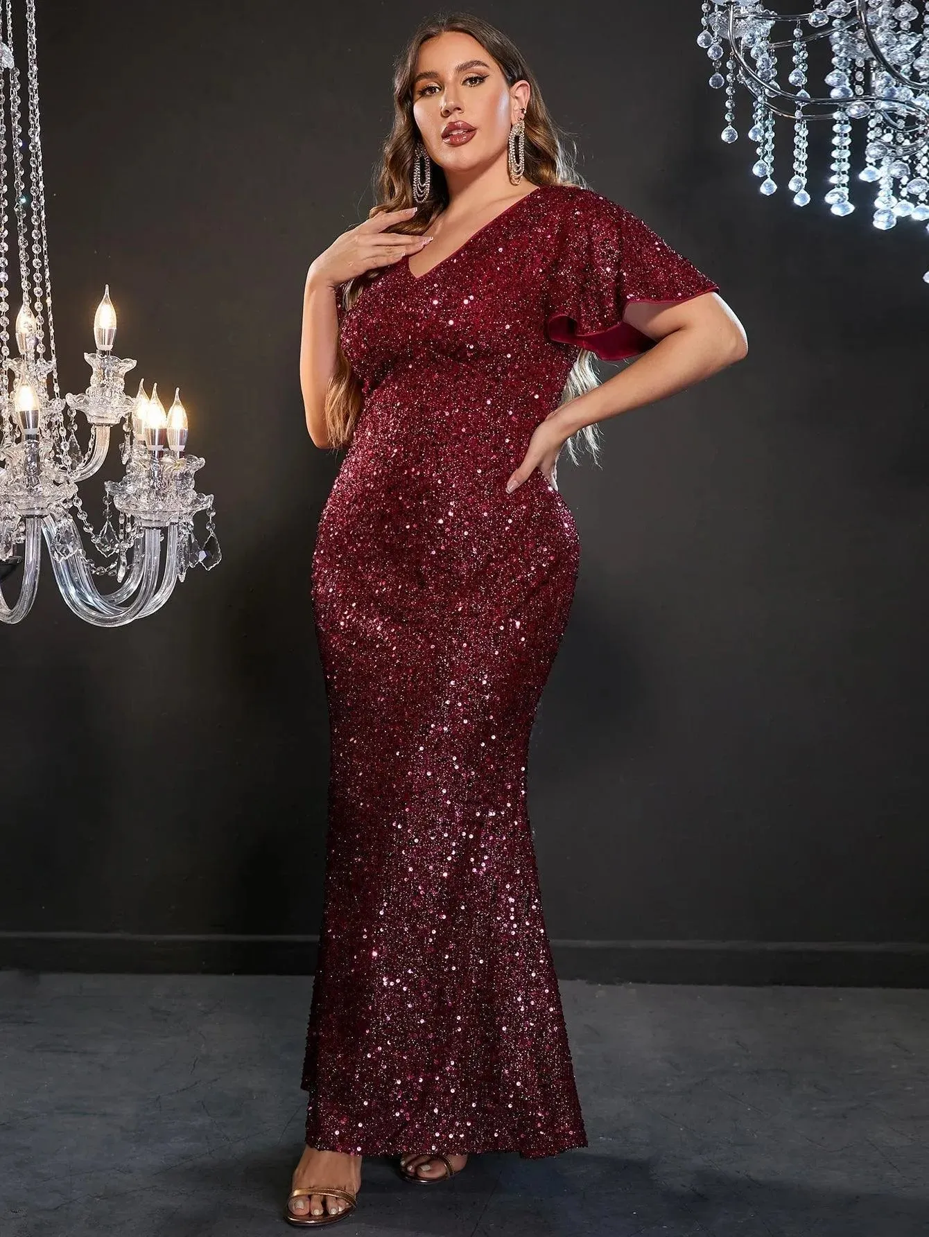 Plus Ruffle Sleeve V Neck Sequin Mermaid Dress
